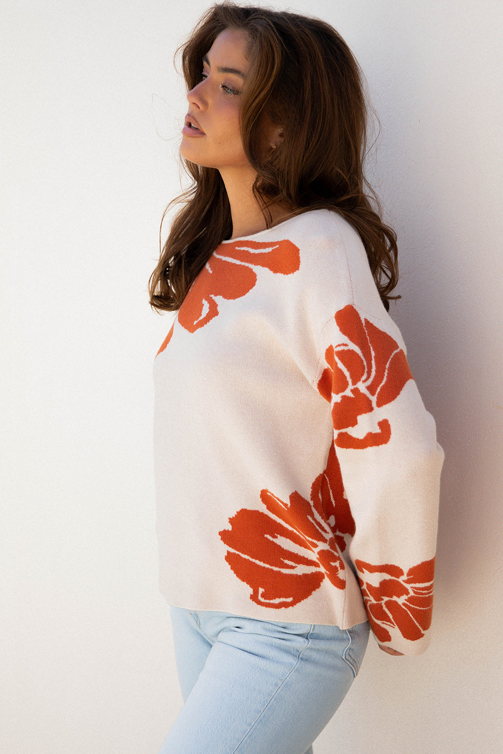 Bold Wide Flower Pattern Sleeve Baggy Knit Top