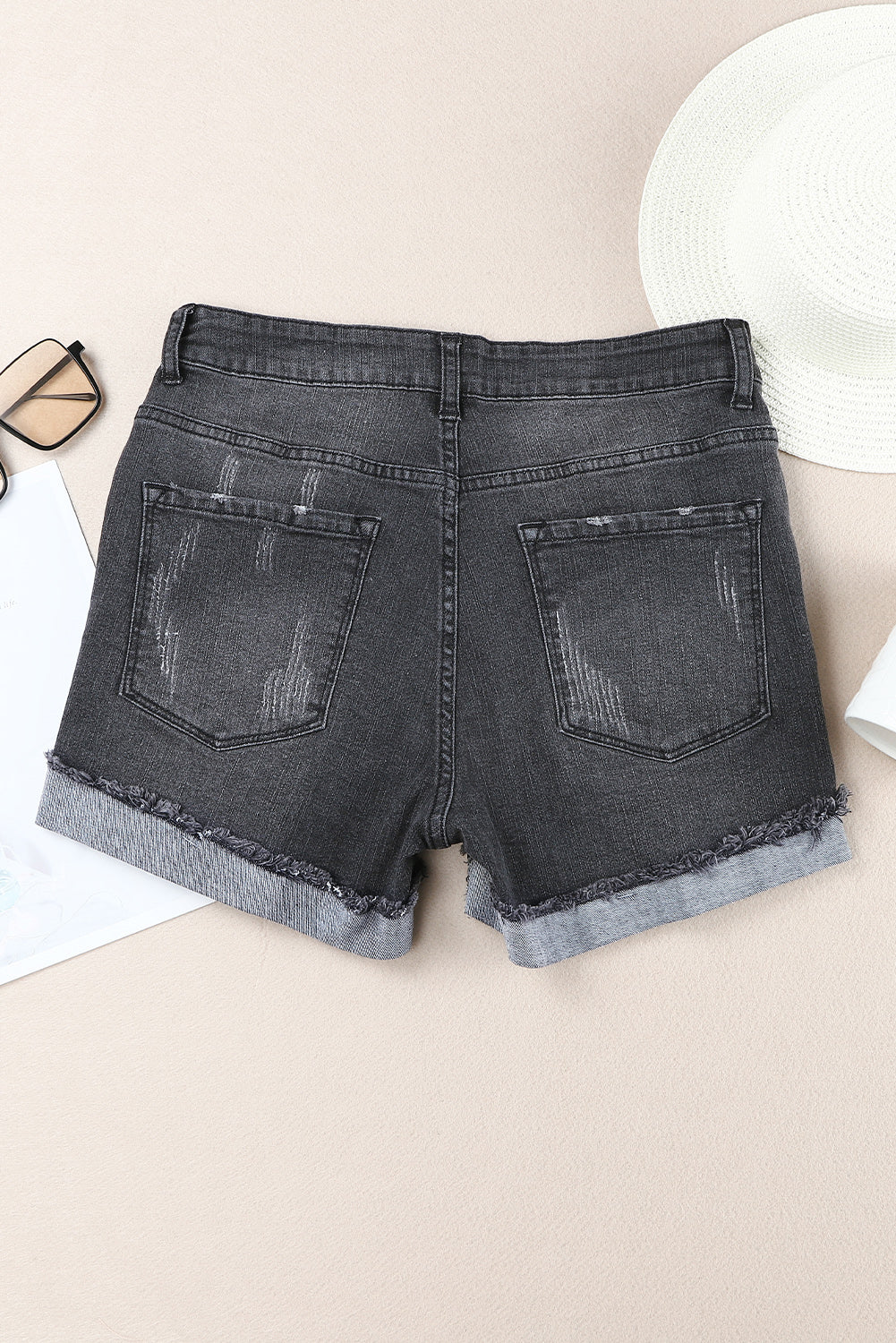 Women's Shorts Featuring Denim Distressed Ripped Rolled Hem