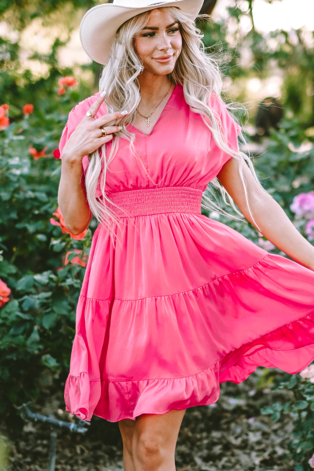 Women's Dress with Smock Waist Layered Ruffle-Trimmed