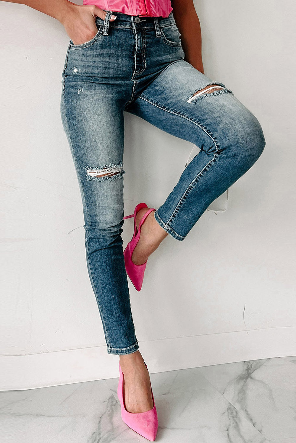Women's Jeans Featuring Distressed Ripped Slim-Fit