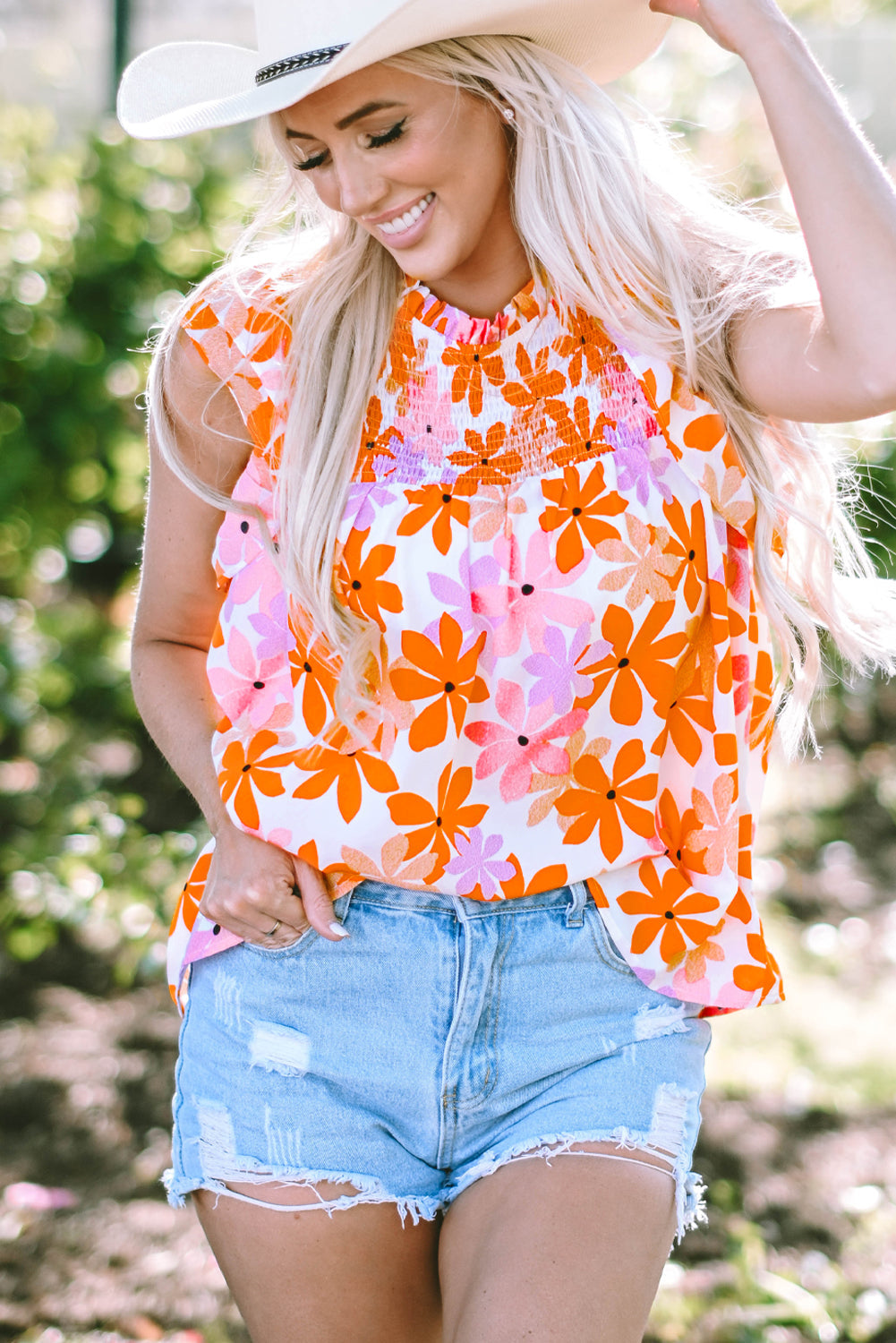 Women's Ruffle-Trimmed Sleeve Shirred Floral-Print Top