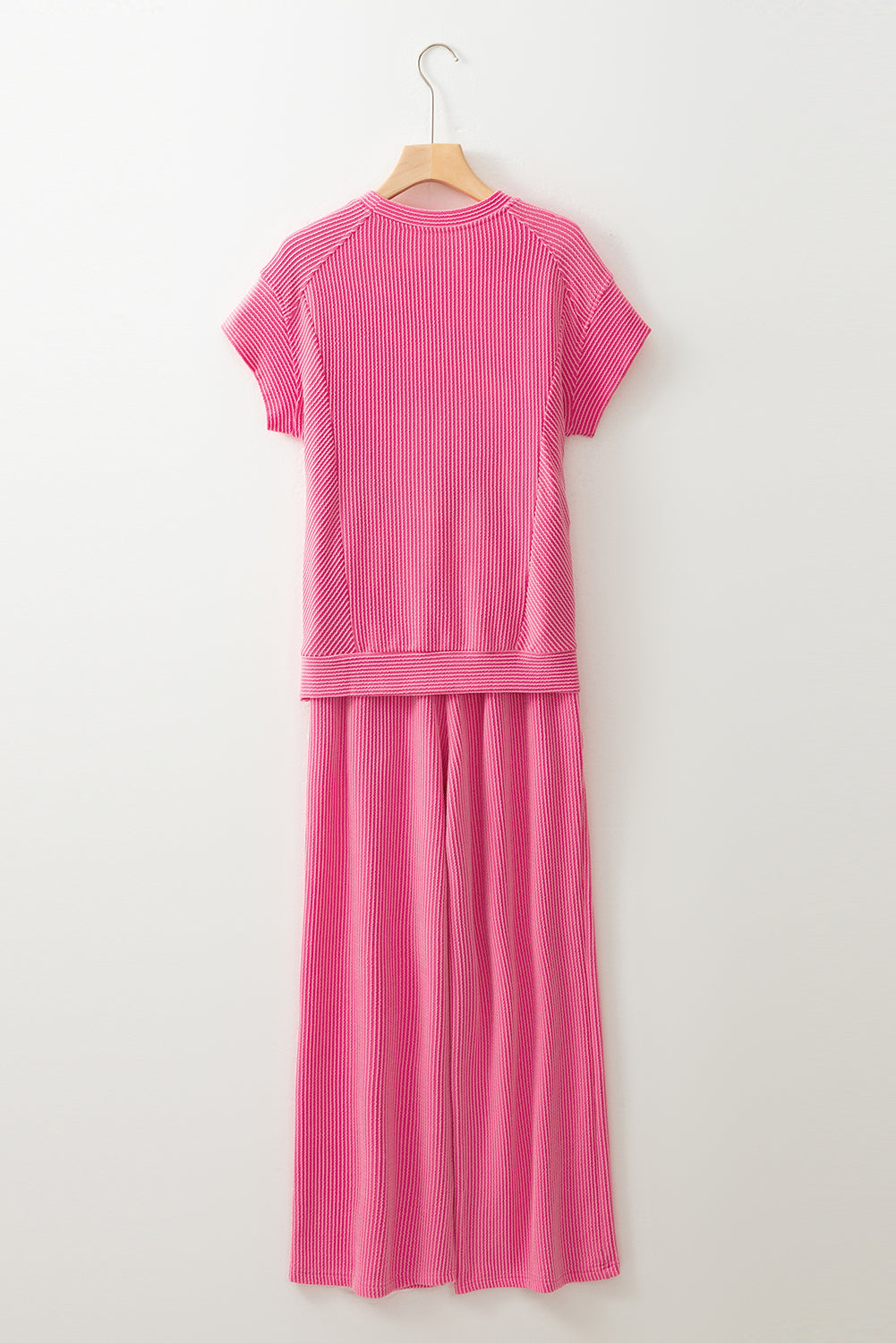 Bright Corded Pink Solid Knit Short-Sleeved T Shirt and Wide-Leg Pants Set