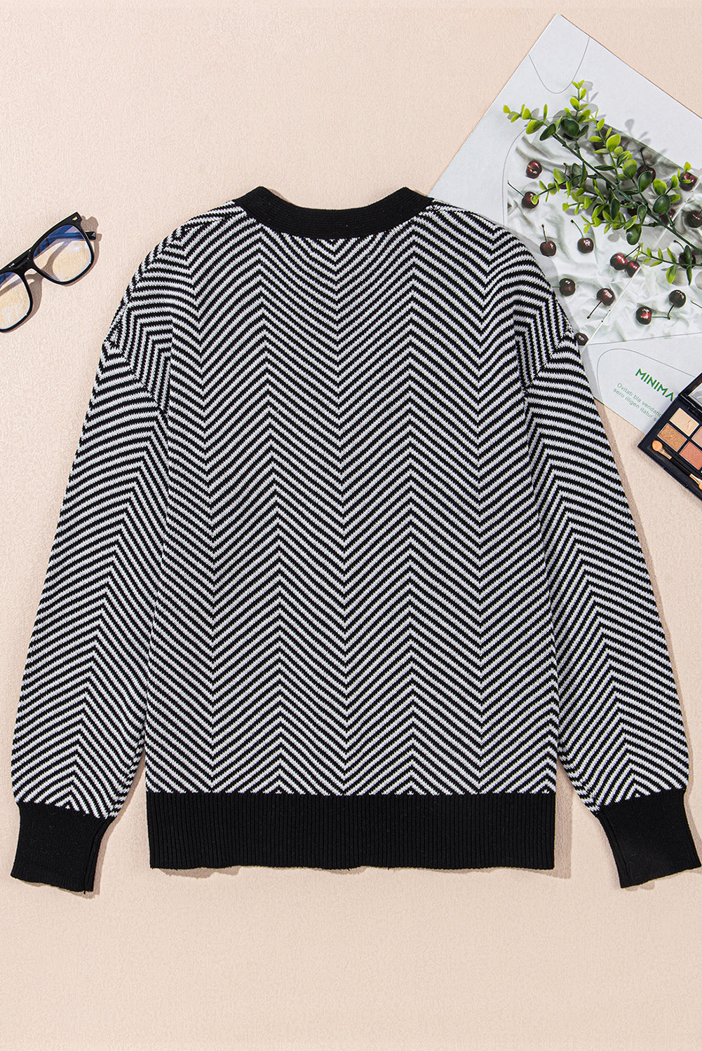 Stripe Button-Front Herringbone Cardigan in Black White