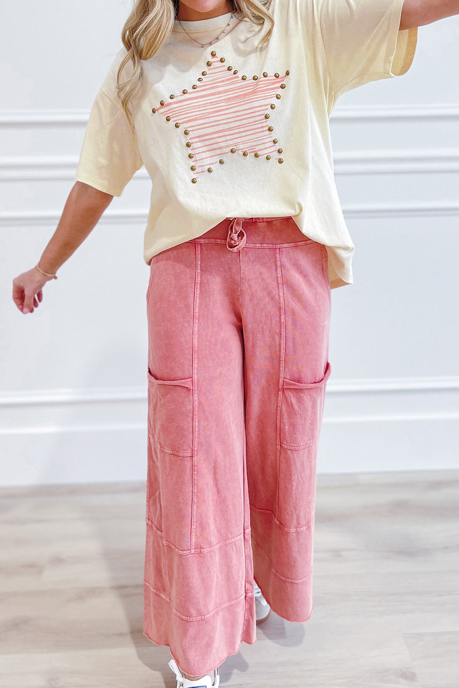 Cute Print Beige Star Stud Detail Cotton Jersey Top