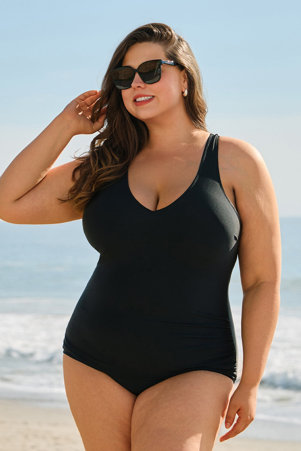 Black U Neck Padded Plus Size One Piece Swimsuit