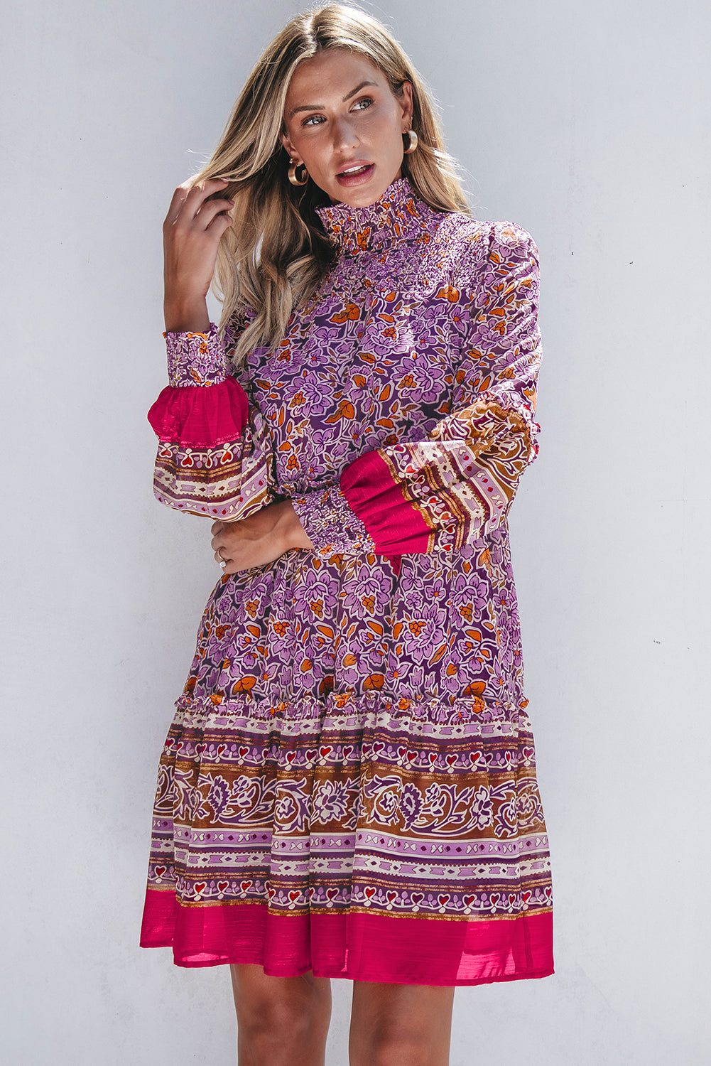 Women's Mini Dress with Mock Neck Shirred Balloon Sleeve