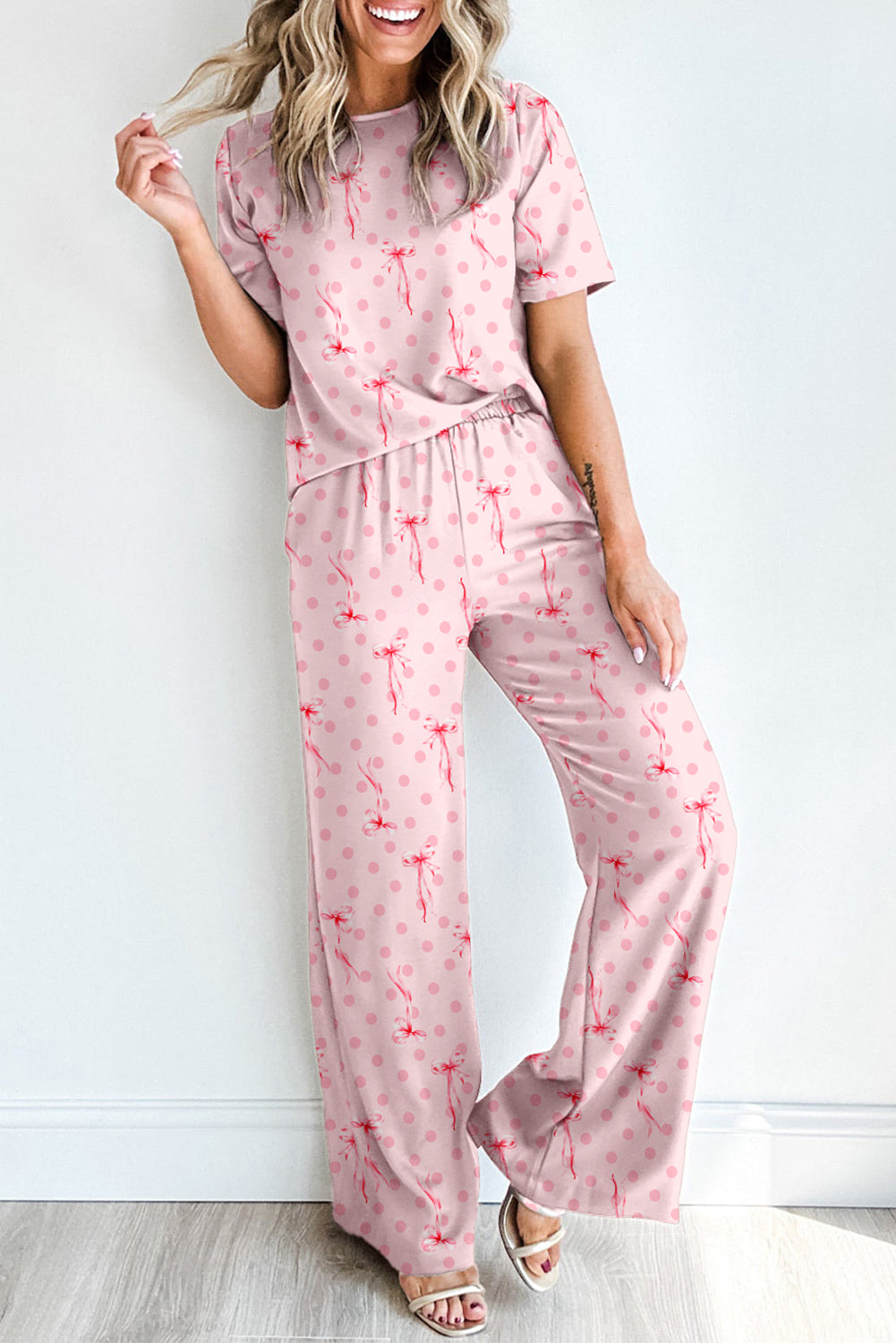 Bow Knot Polka-Dot Print Short-Sleeved Top Lounge Set