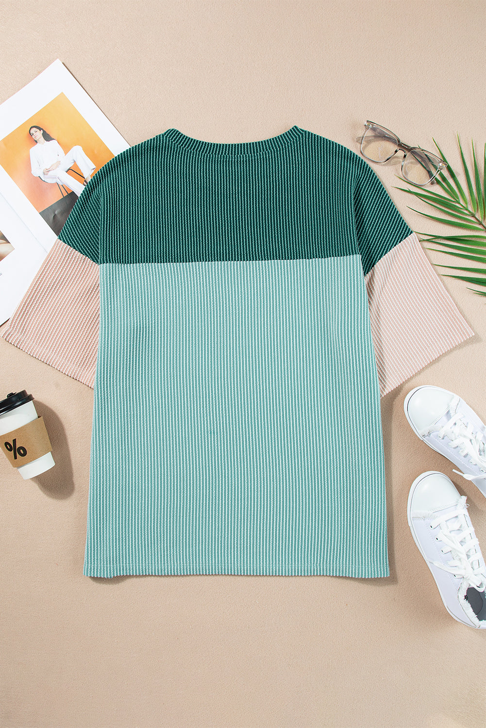 Color Block Ribbed Side Slits Half Sleeve Top