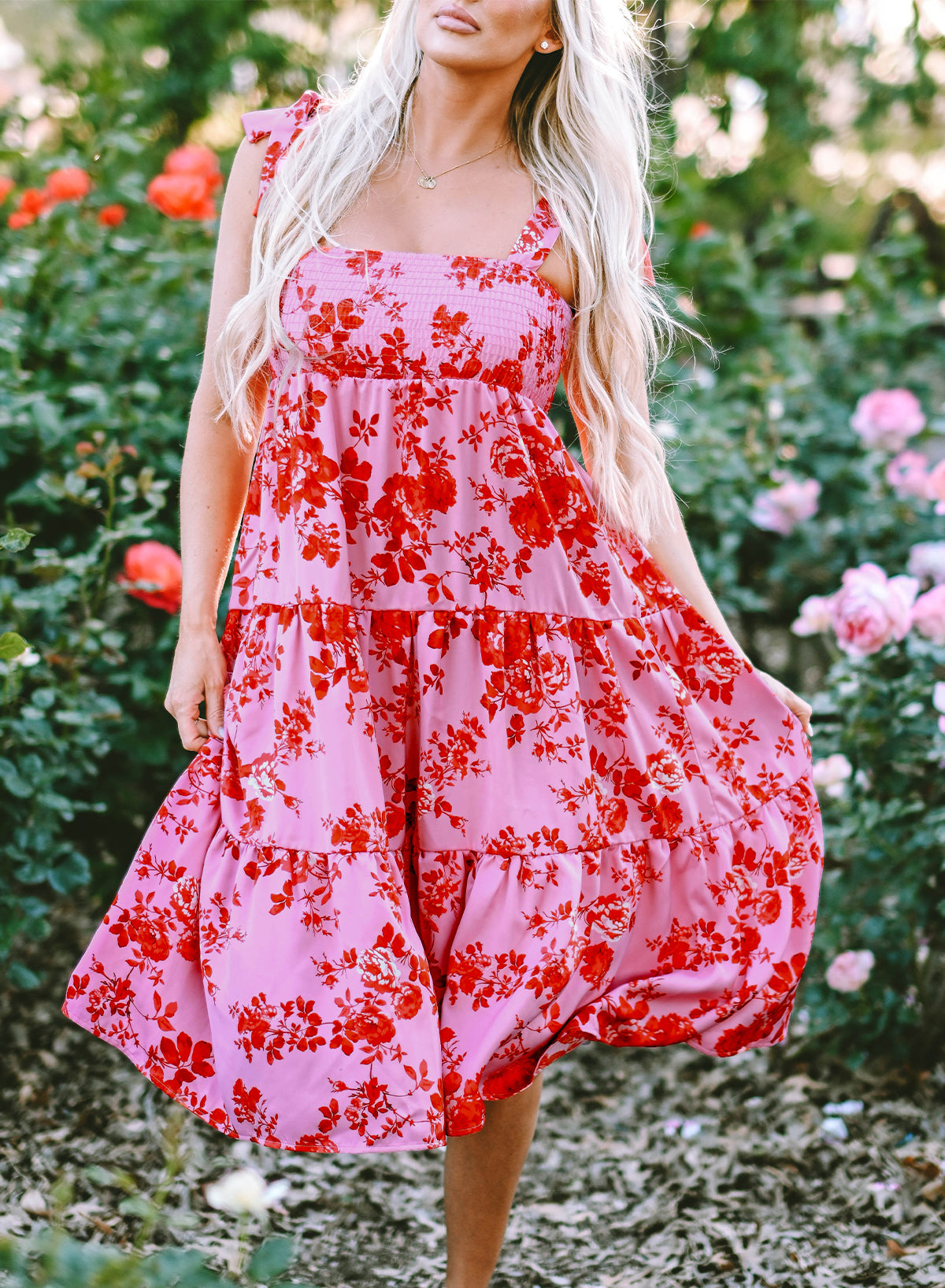 Women's Floral Dresses with Tie Shoulder Straps Layered