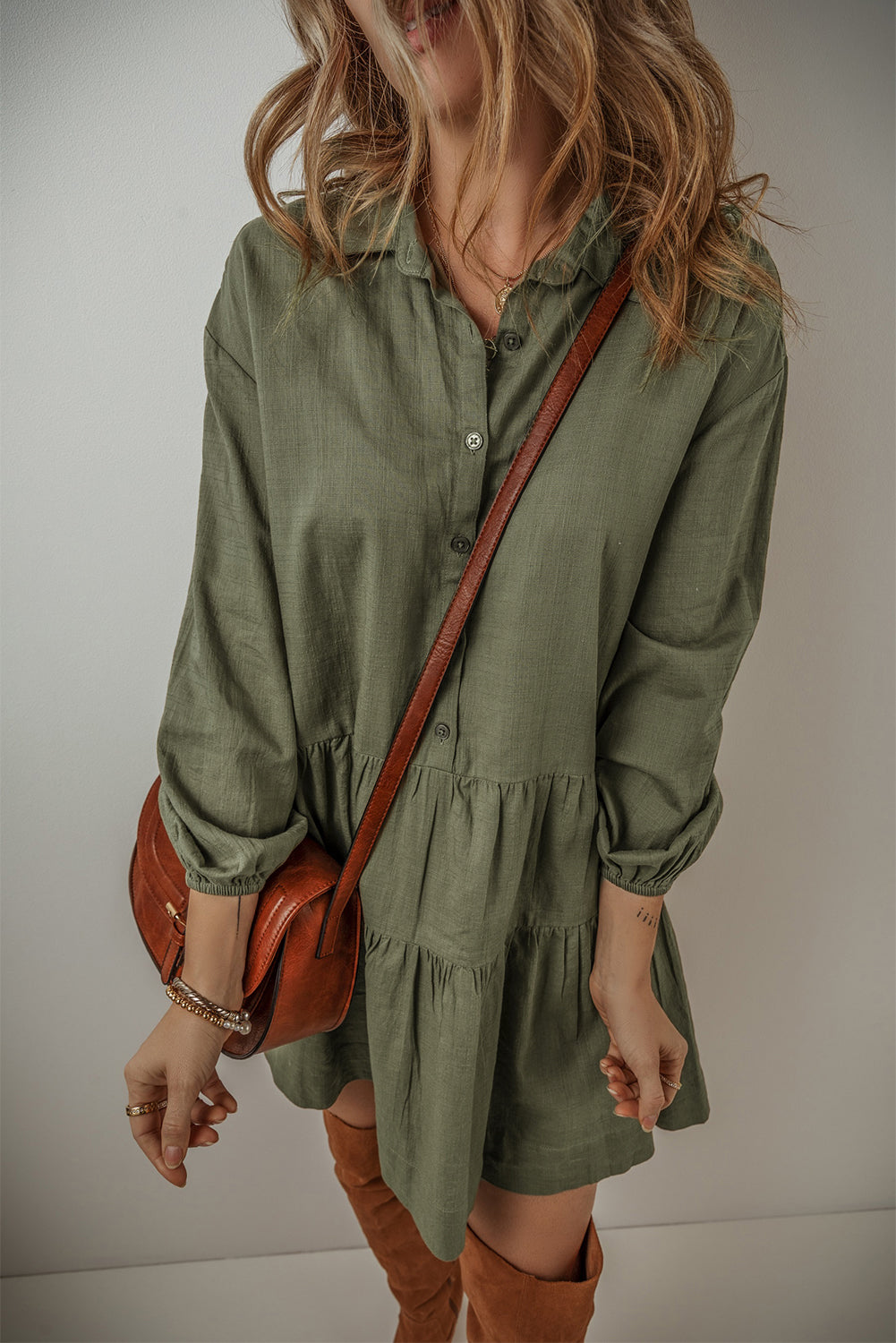 Women's Mini Dress Featuring Shirt Layered Pleat-Detail