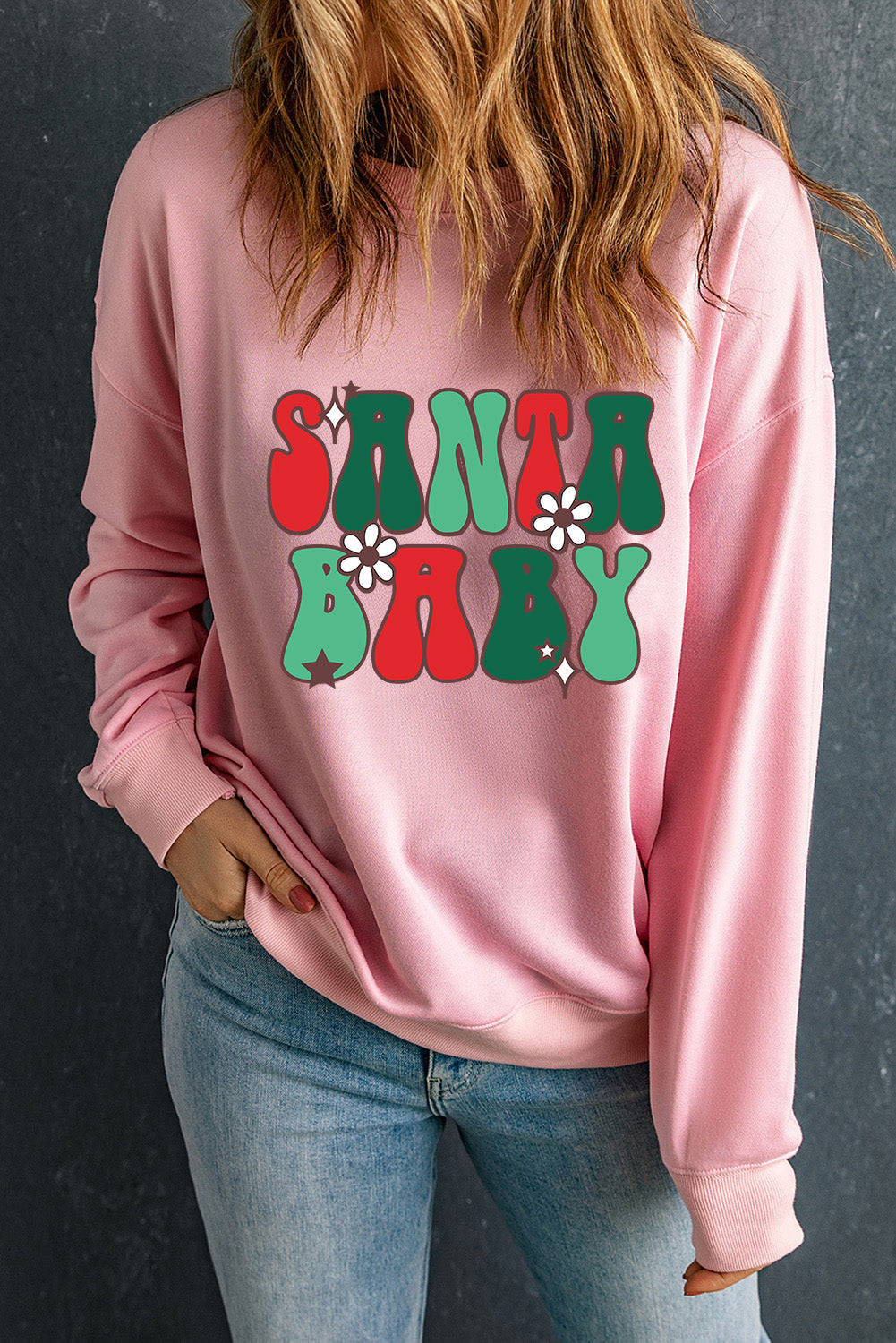 Women's SANTA BABY Floral-Print Graphic Sweatshirt
