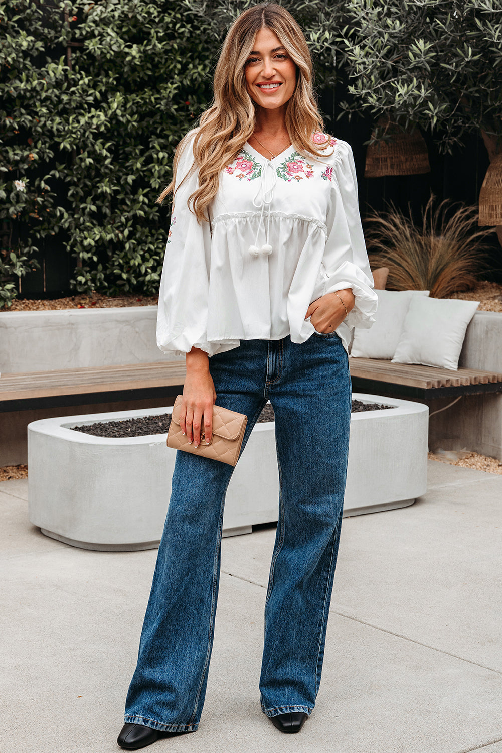 Lace-up Flower Print V-Neck Babydoll Blouse