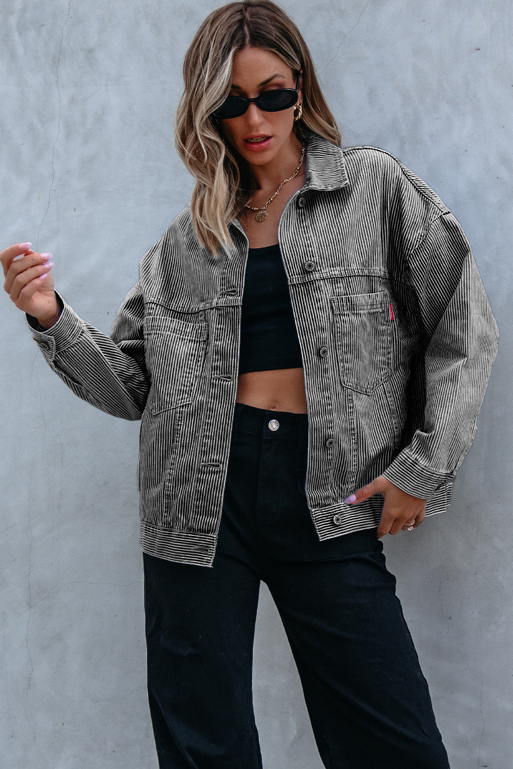 Washed Oversize Stripe Oversize Pocket-Detail Denim Jacket in Blue