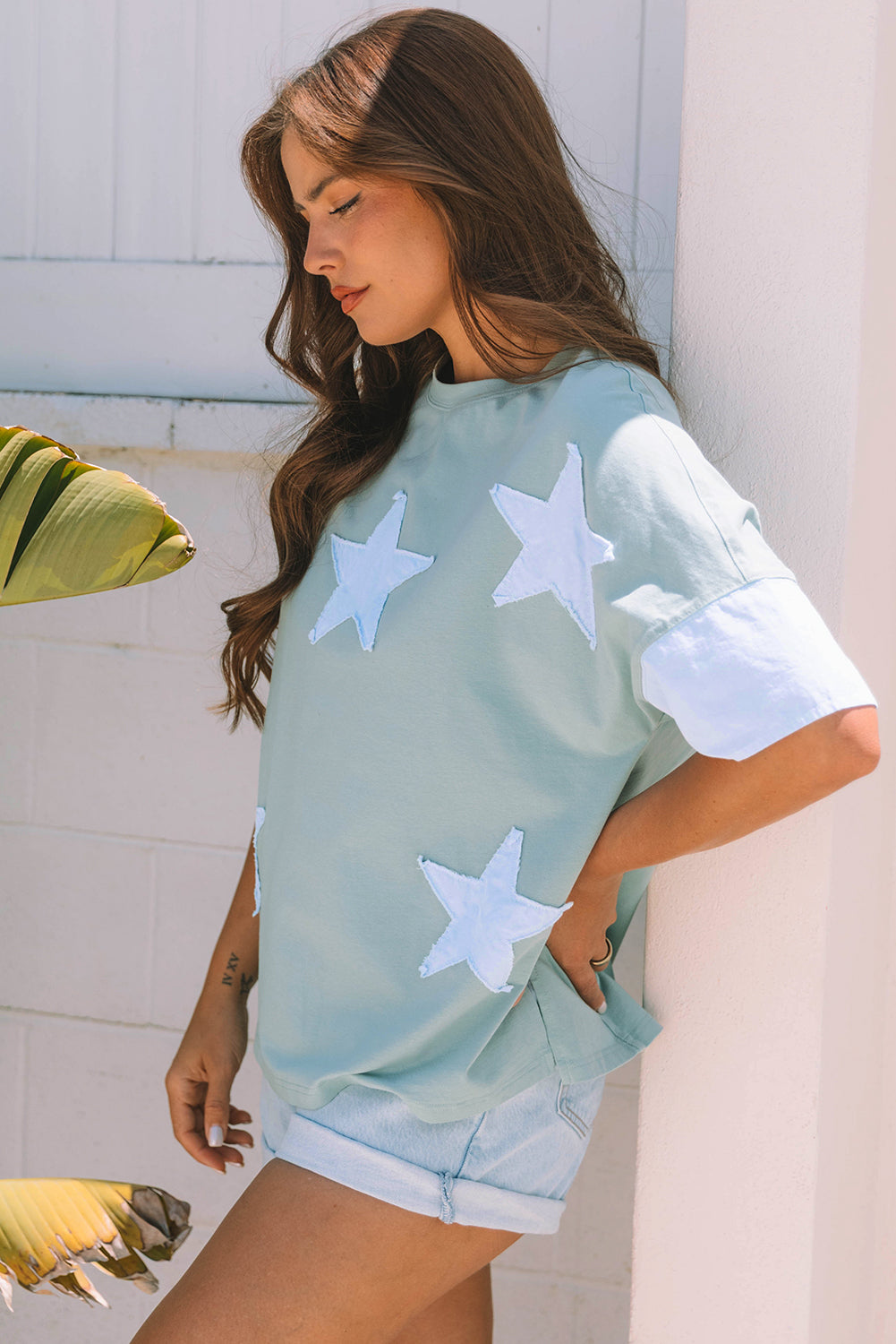 Frayed Patched Denim Star Oversize T Shirt