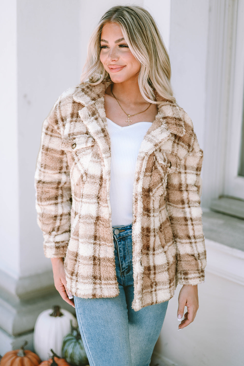 Women's Jacket with Sherpa Plaid Button