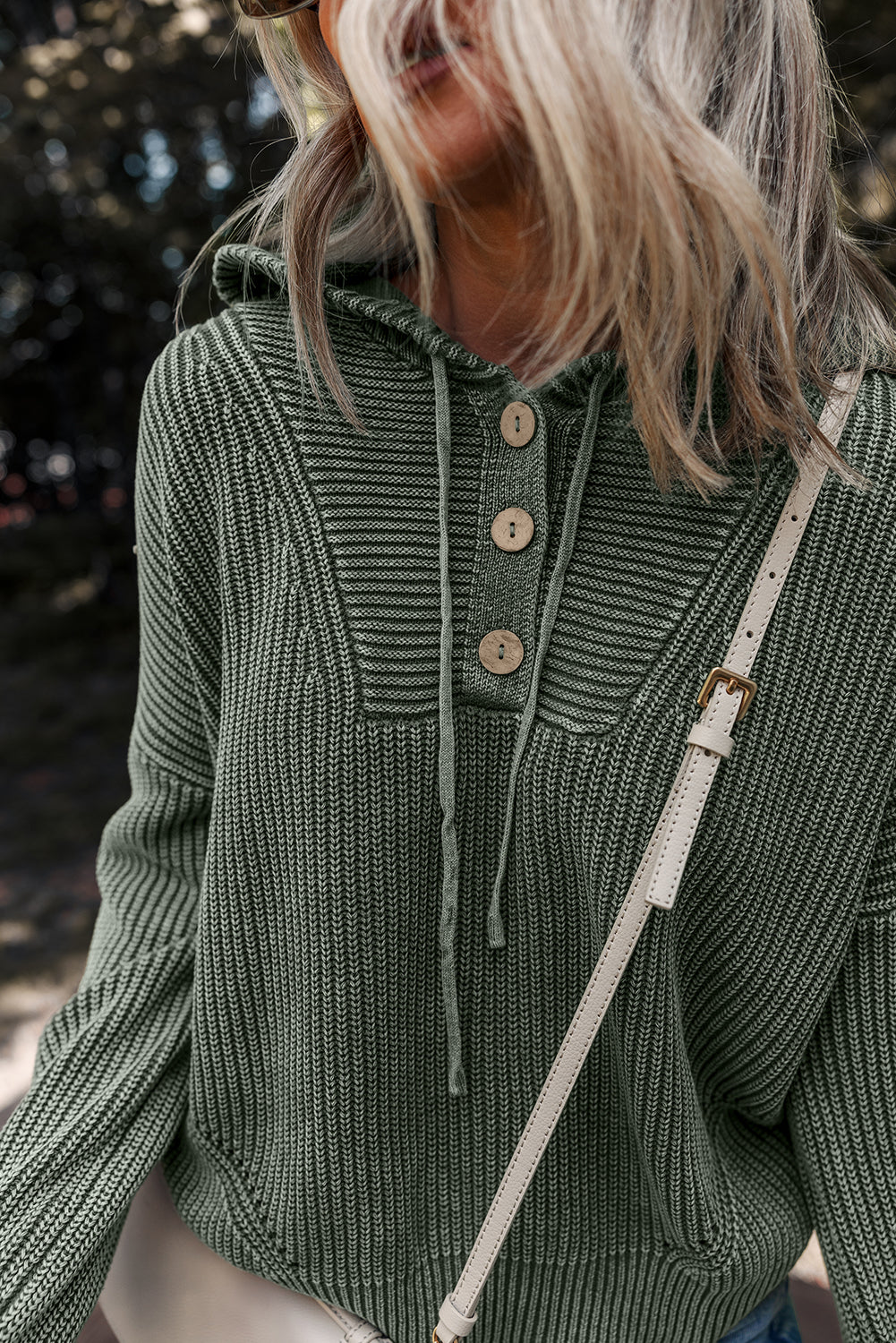 Mineral Wash Rib-Knit Knit Button Drawcord Neck Hooded Knit Top