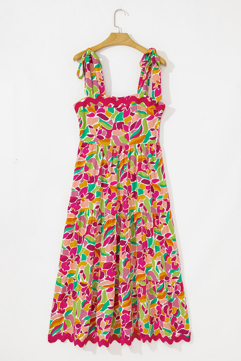 Floral Tied Straps Ricrac Trim Maxi Dress