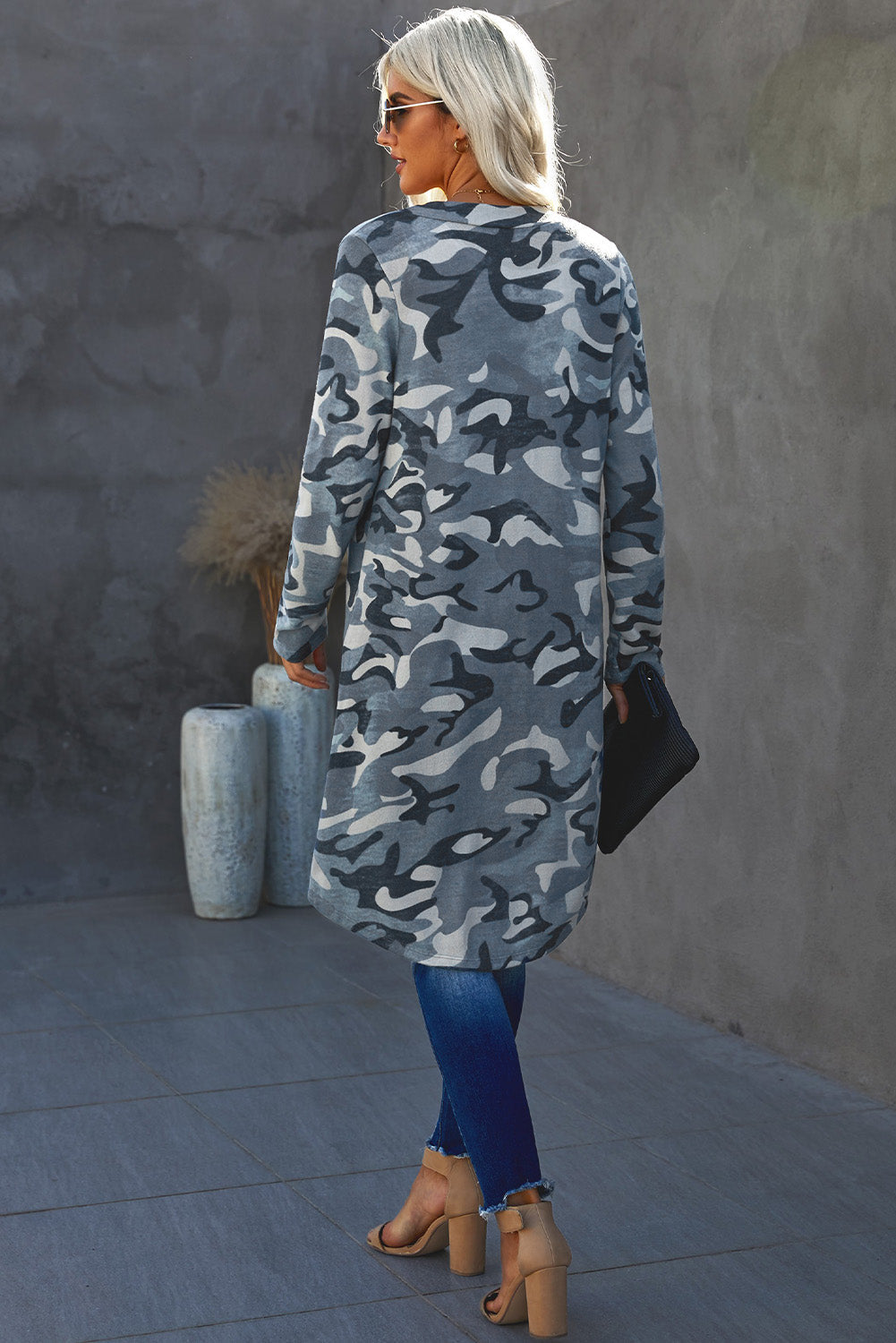 Women's Long Cardigan Featuring Camouflage-Print Women's Gray