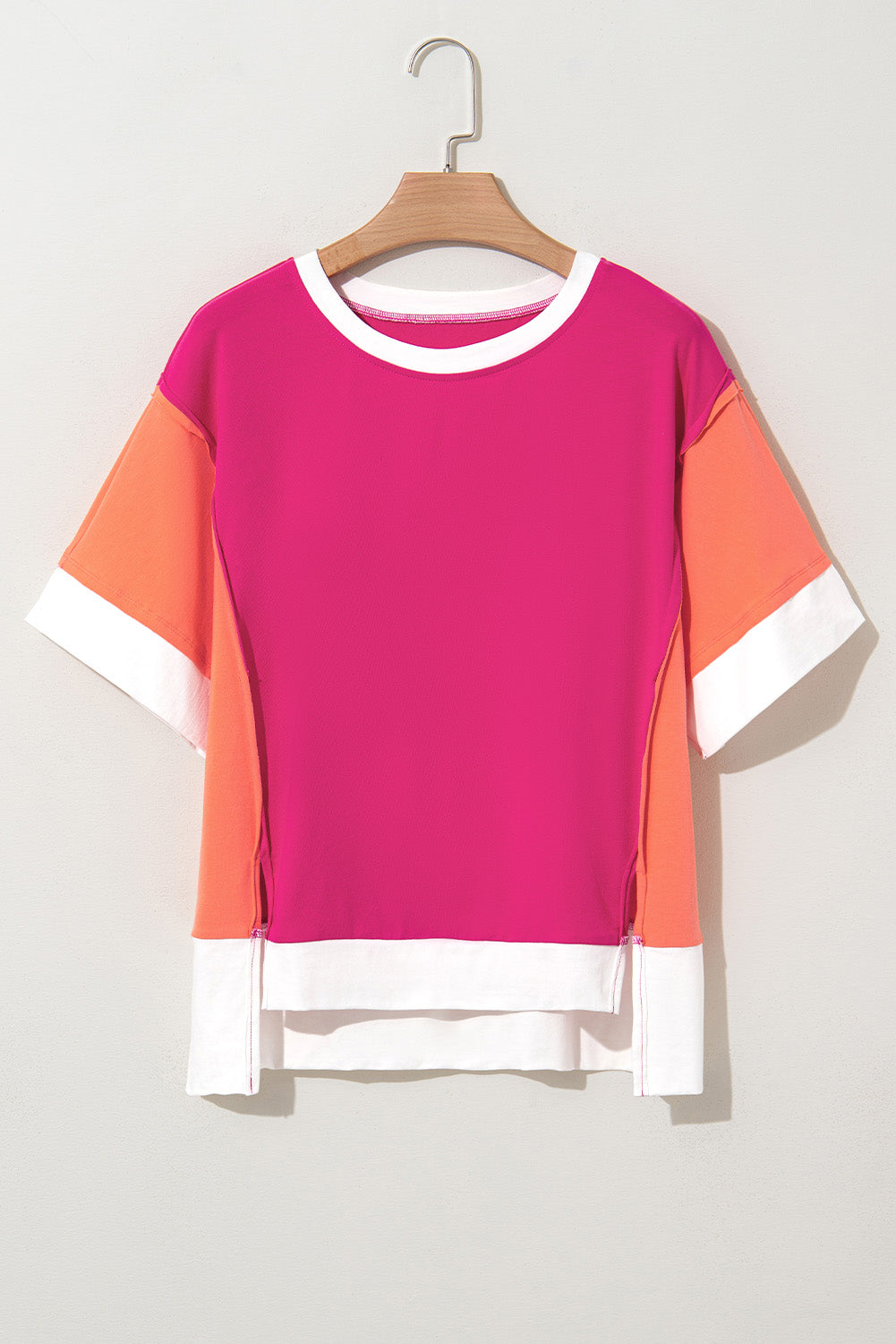 Rose Red Color Block Loose Fit T Shirt
