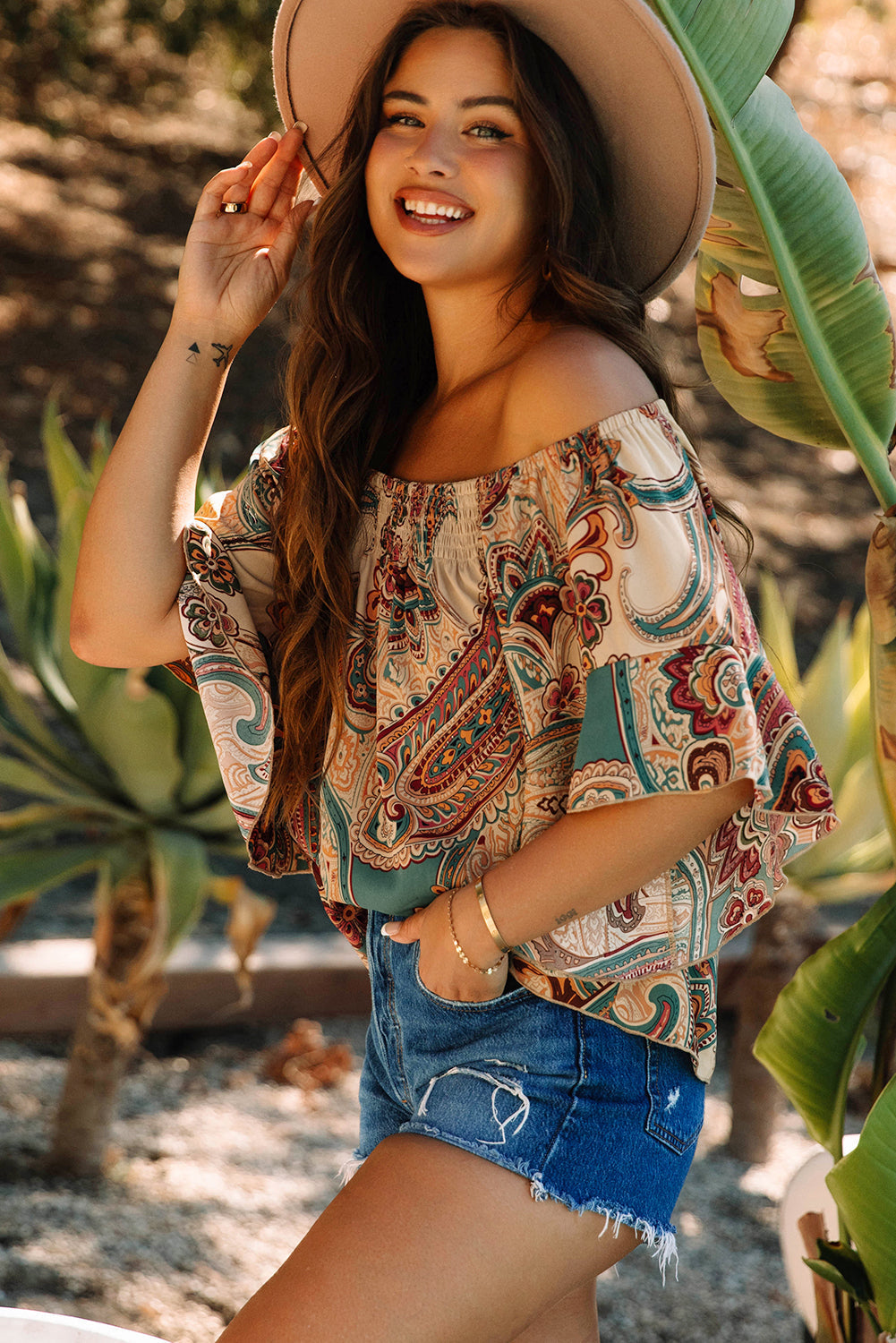 Paisley Printed Shirred Off Shoulder Blouse