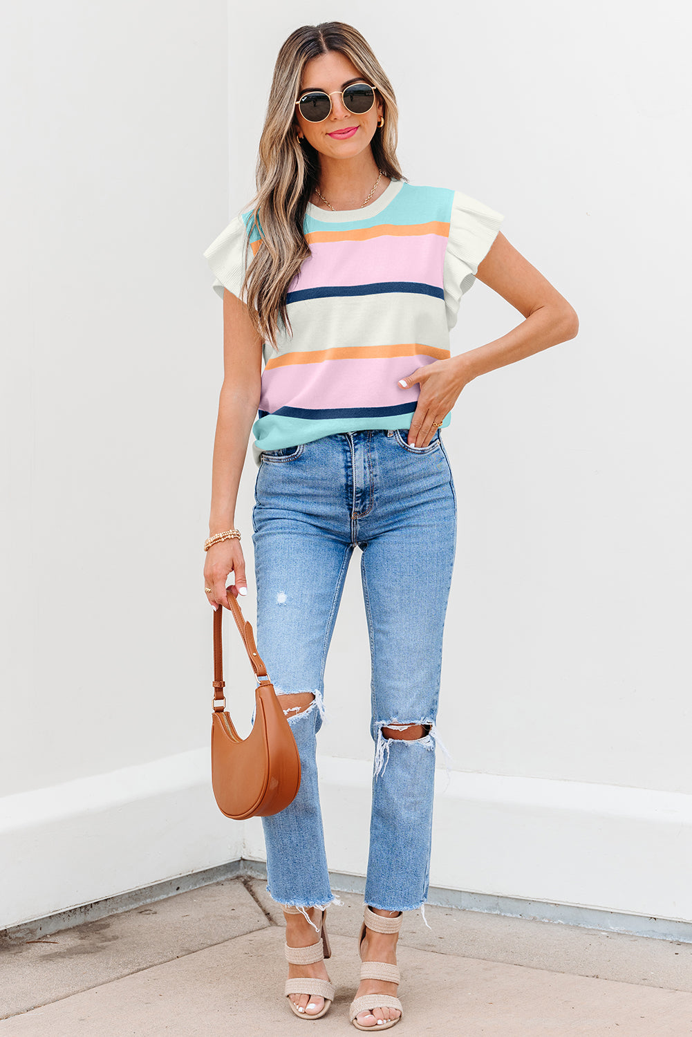 Flutter Striped Colorblock Sleeve Patchwork Knit Top Top