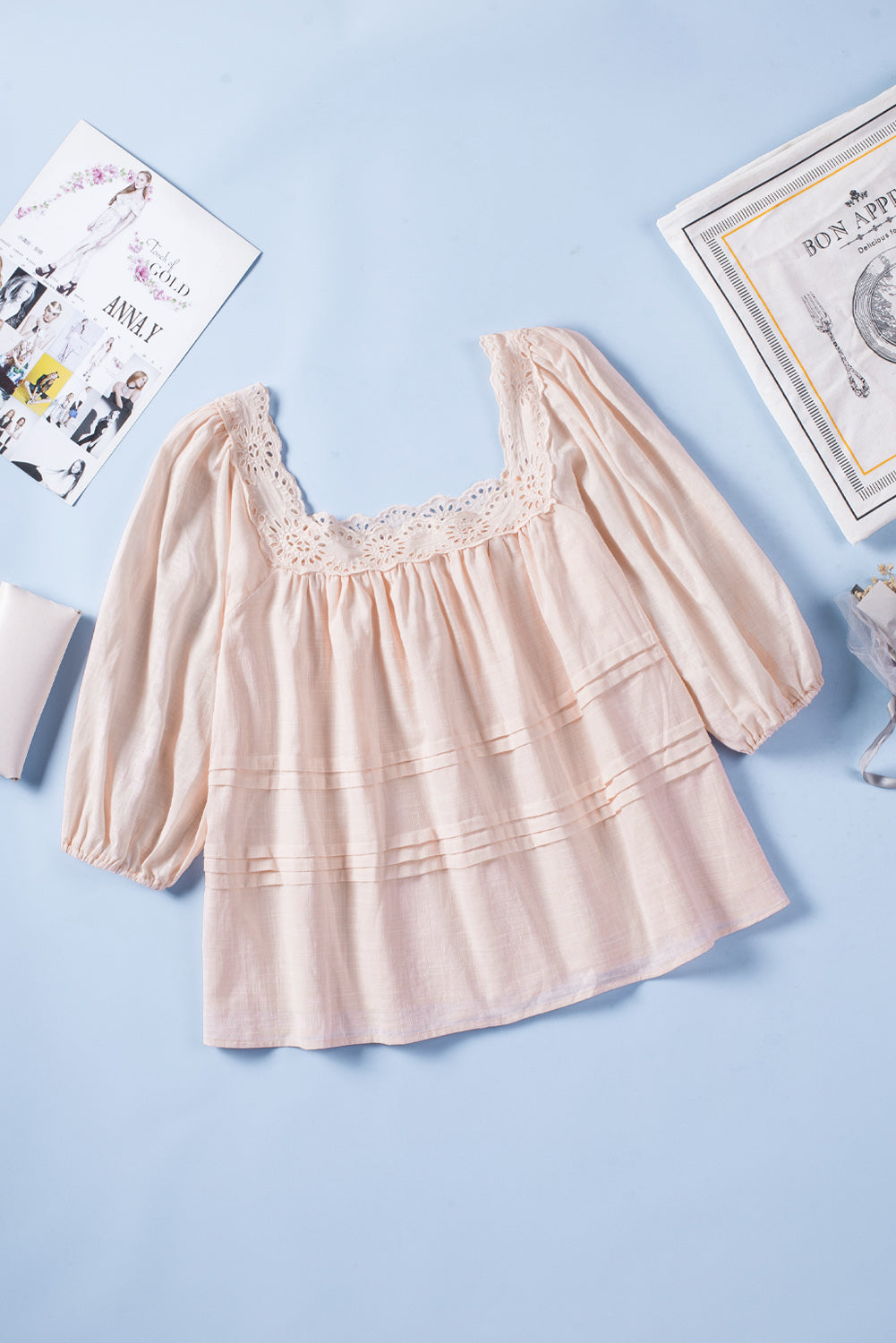 Women's Blouse Featuring Eyelet Babydoll Balloon Sleeve