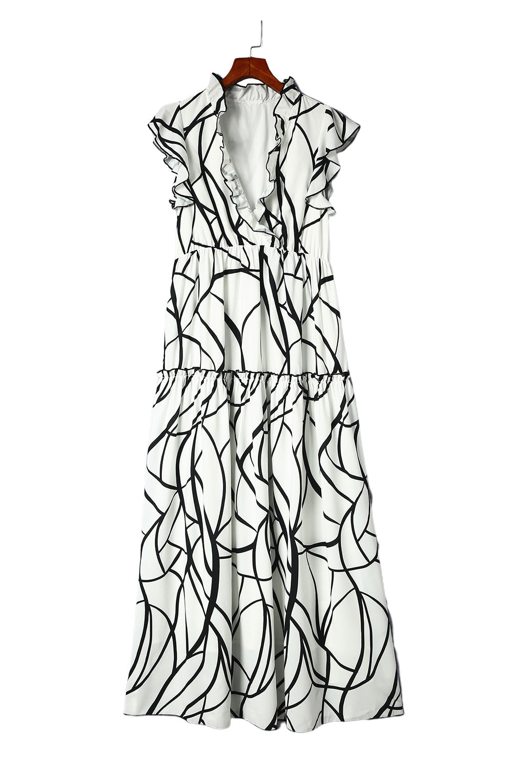 Women's Ruffle-Trimmed Abstract Vein V Neck Maxi Dress