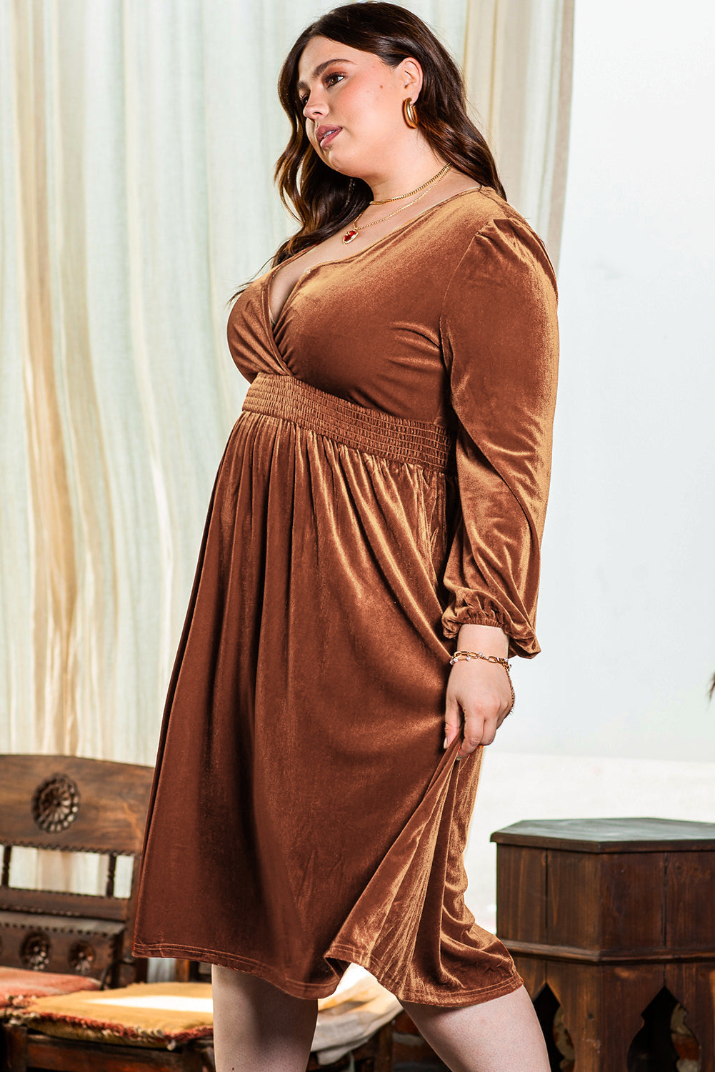 Women's Dress with Balloon Sleeve Velvet Plus Size