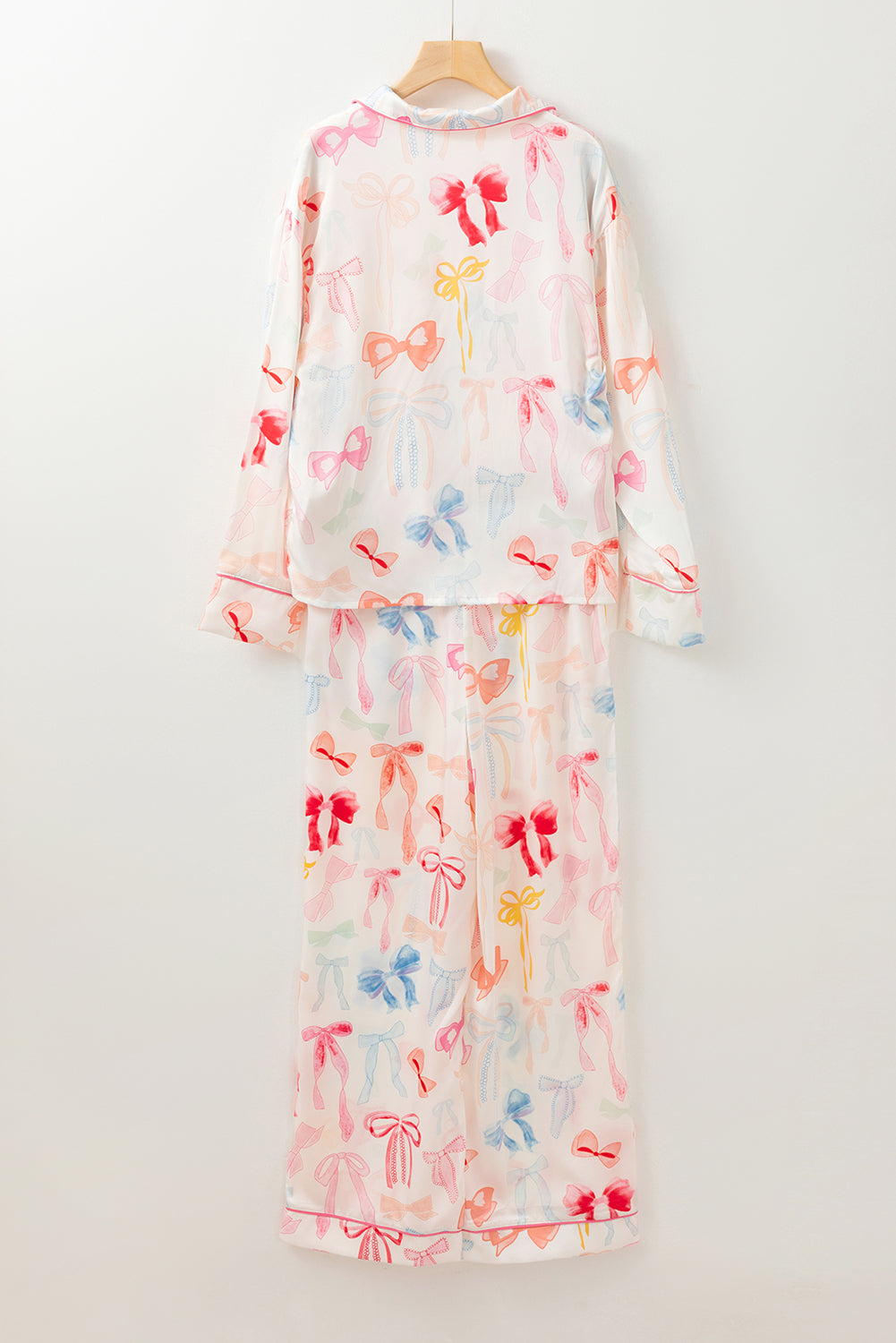 Bow Knot Print Lapel Collar Wide-Leg Satin Pajama Set