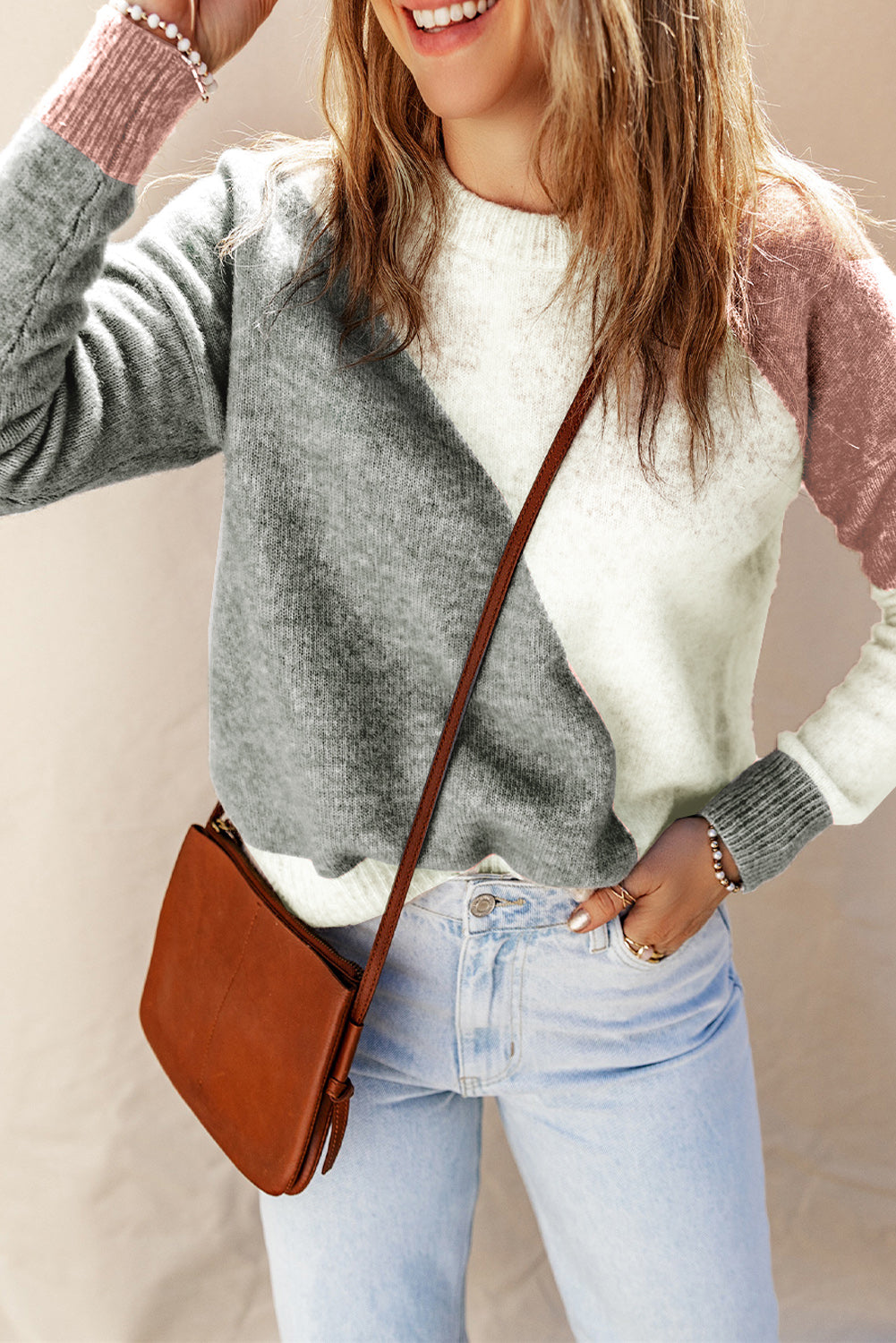 Women's Sweater Featuring Rib-Knitted Trim Round Neck