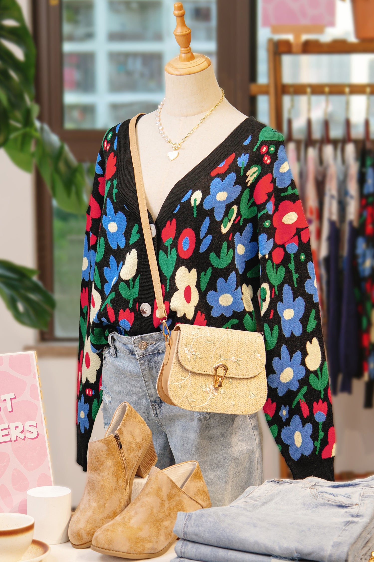 Floral-Print Short V-Neck Button-Front Cardigan Knit Top in Black