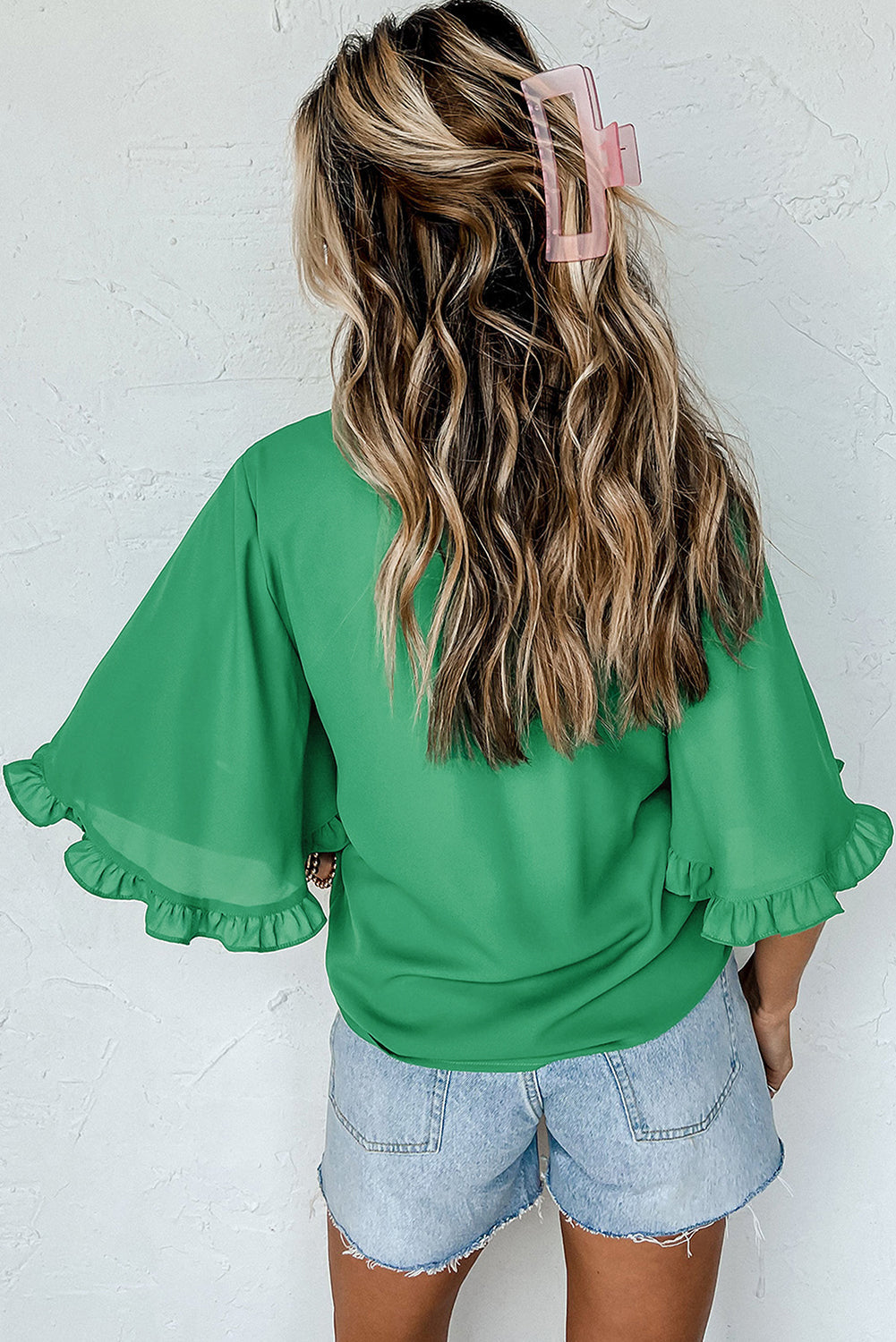 Wide Frilly Round-Neck Half Sleeve Blouse