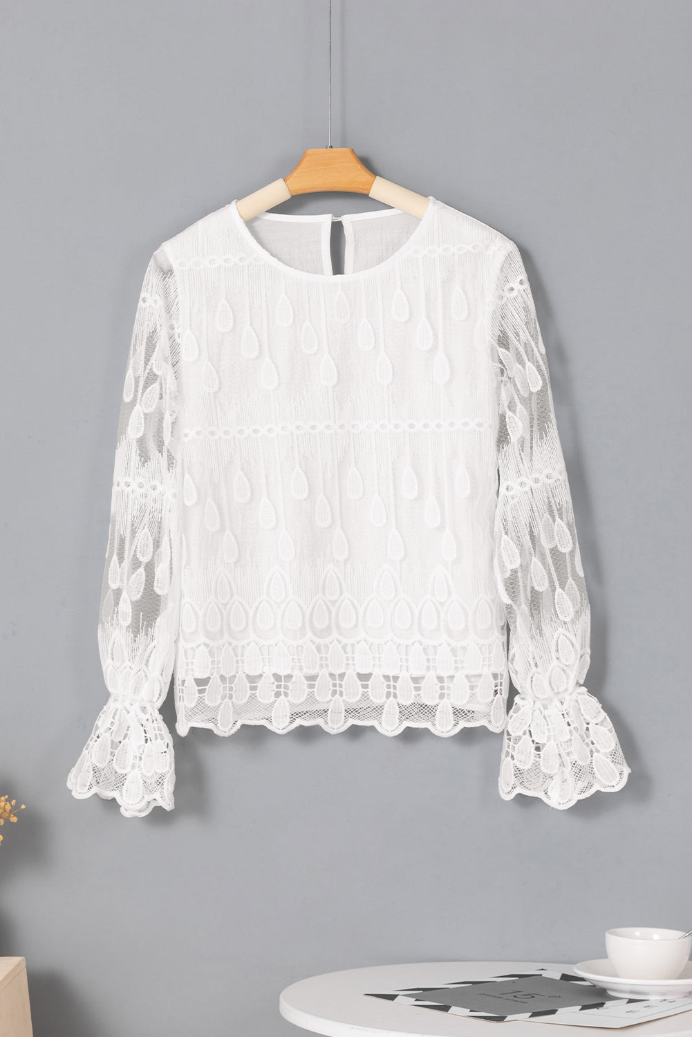Women's Flounce Sleeve Embroidered Mesh Blouse
