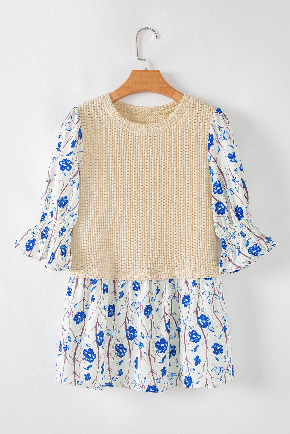 Waffle Floral Patchwork Short Flounce Sleeve Peplum Blouse