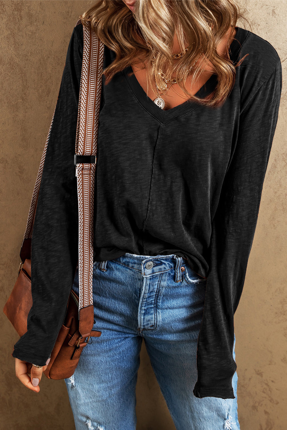 Women's Tee with V Neck Center Seam Long-Sleeve