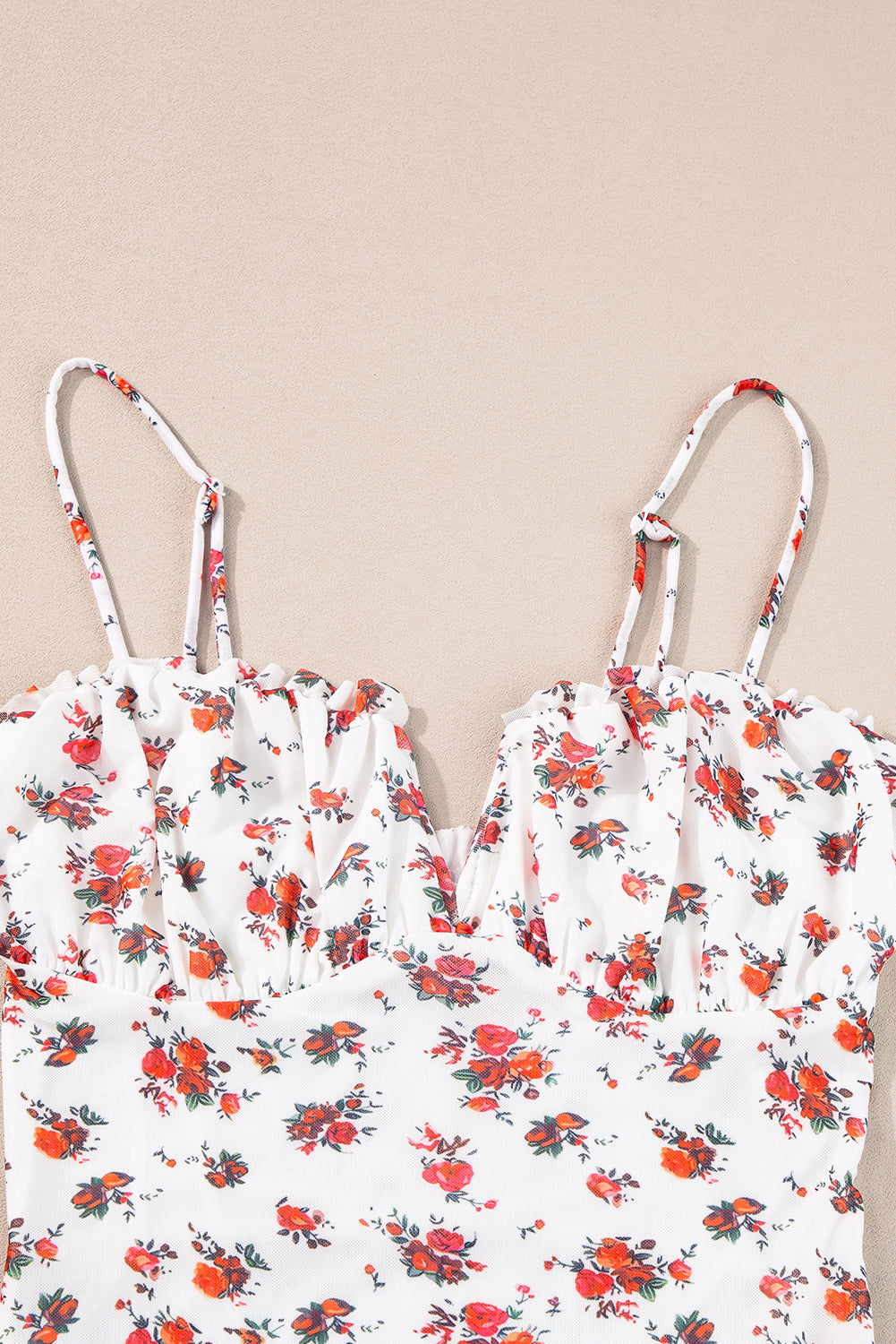 Women's Bodysuit Featuring Floral-Print V Cut Frill-Trimmed Trim Straps