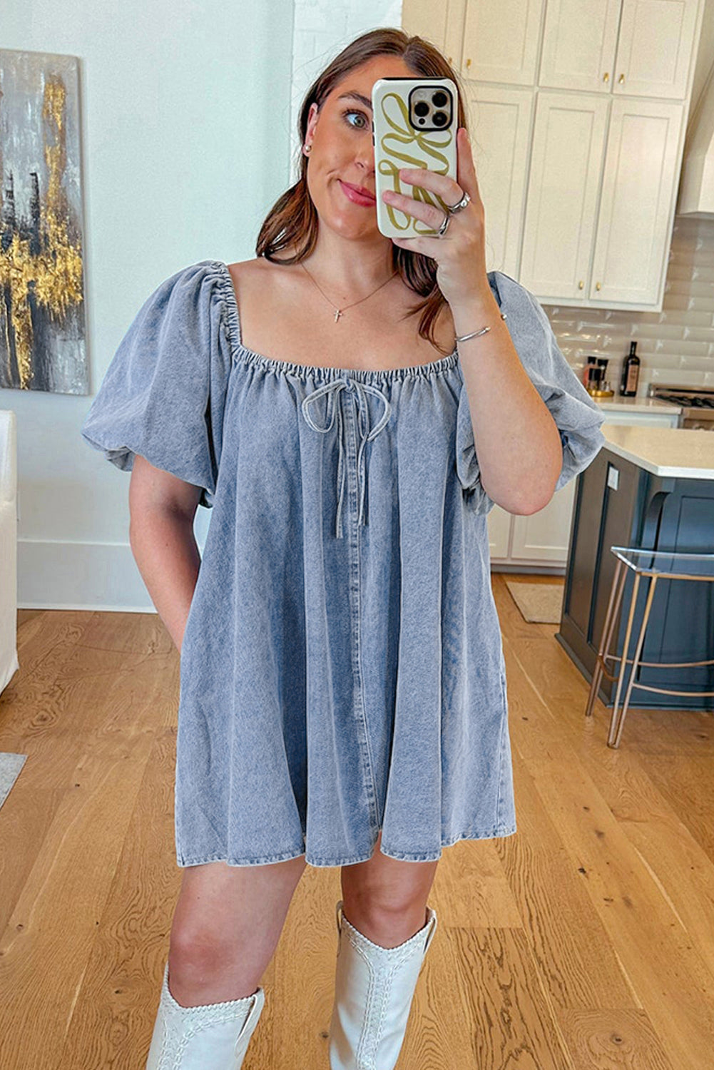 Bubble Neck Sleeve Square Denim Babydoll Dress