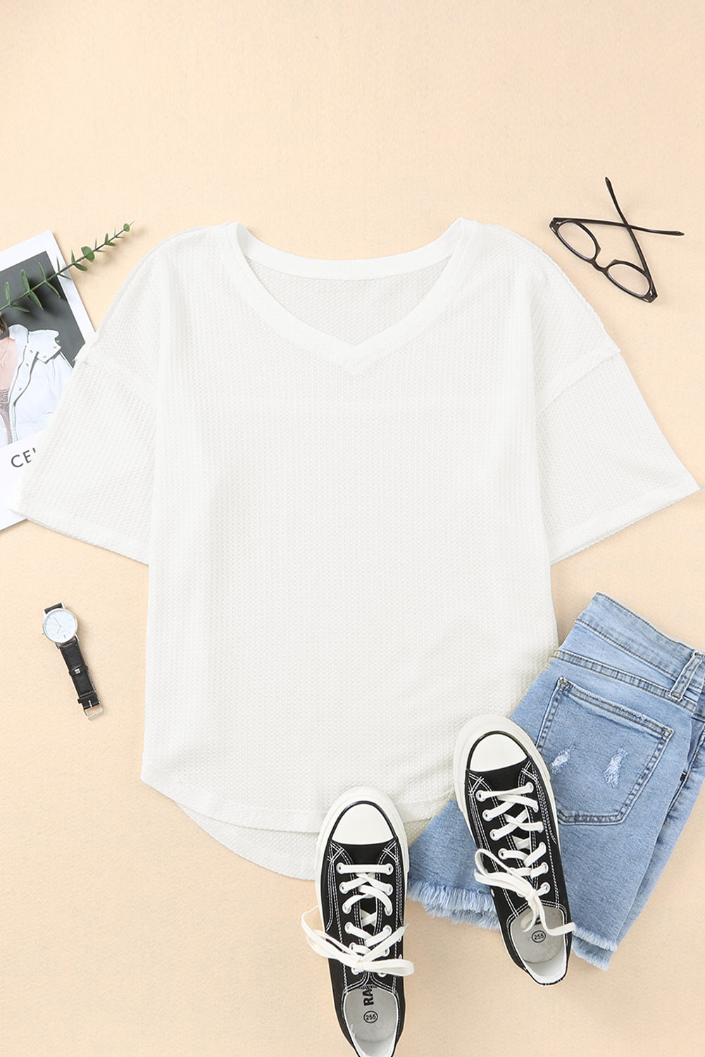 Women's Waffle Knitted Dropped-Shoulder Loose Top