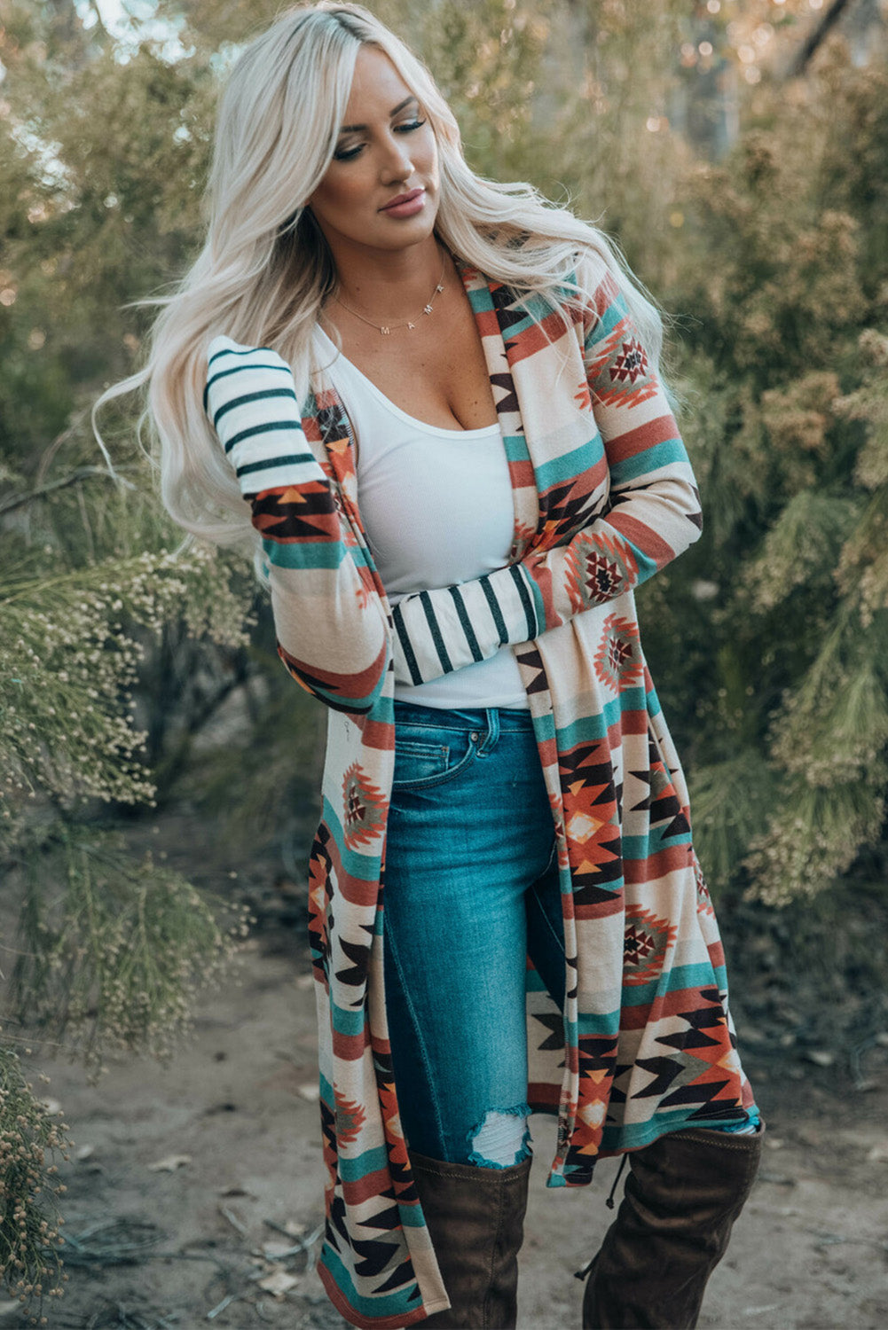 Long Cardigan for Women Geometric Block Open Front