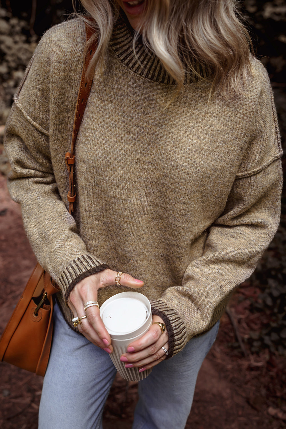 Contrast Trim Mock Neck Drop Shoulder Sweater