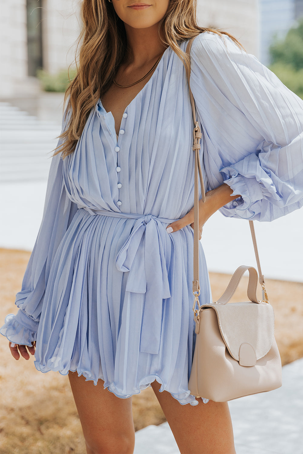 Romper for Women Buttons Pleat-Detail Ruffle-Trimmed Tie Waist
