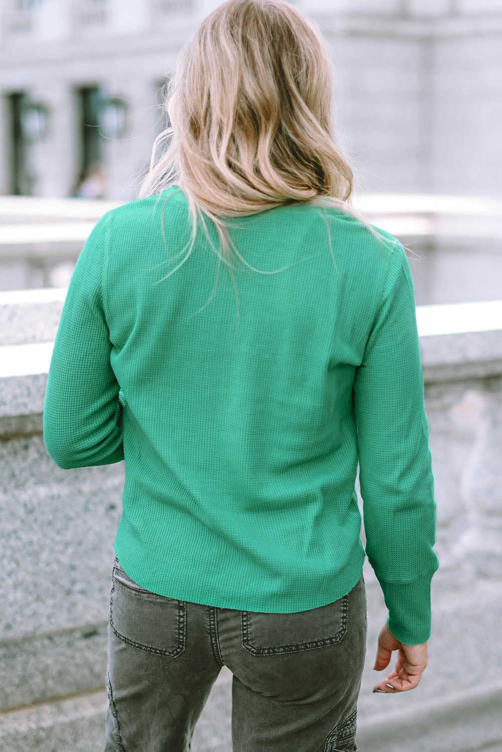 Women's Henley Top with Trimmed Waffle Knitted