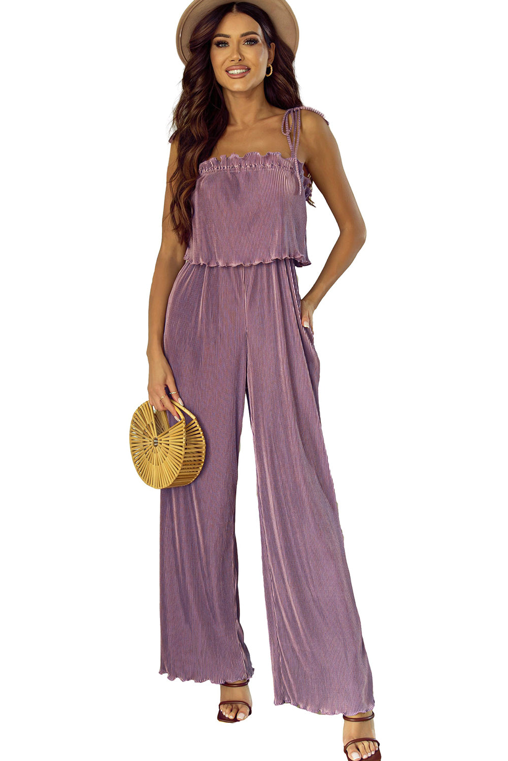 Women's Leg Jumpsuit with Straps Pleat-Detail Wide Tie-Front
