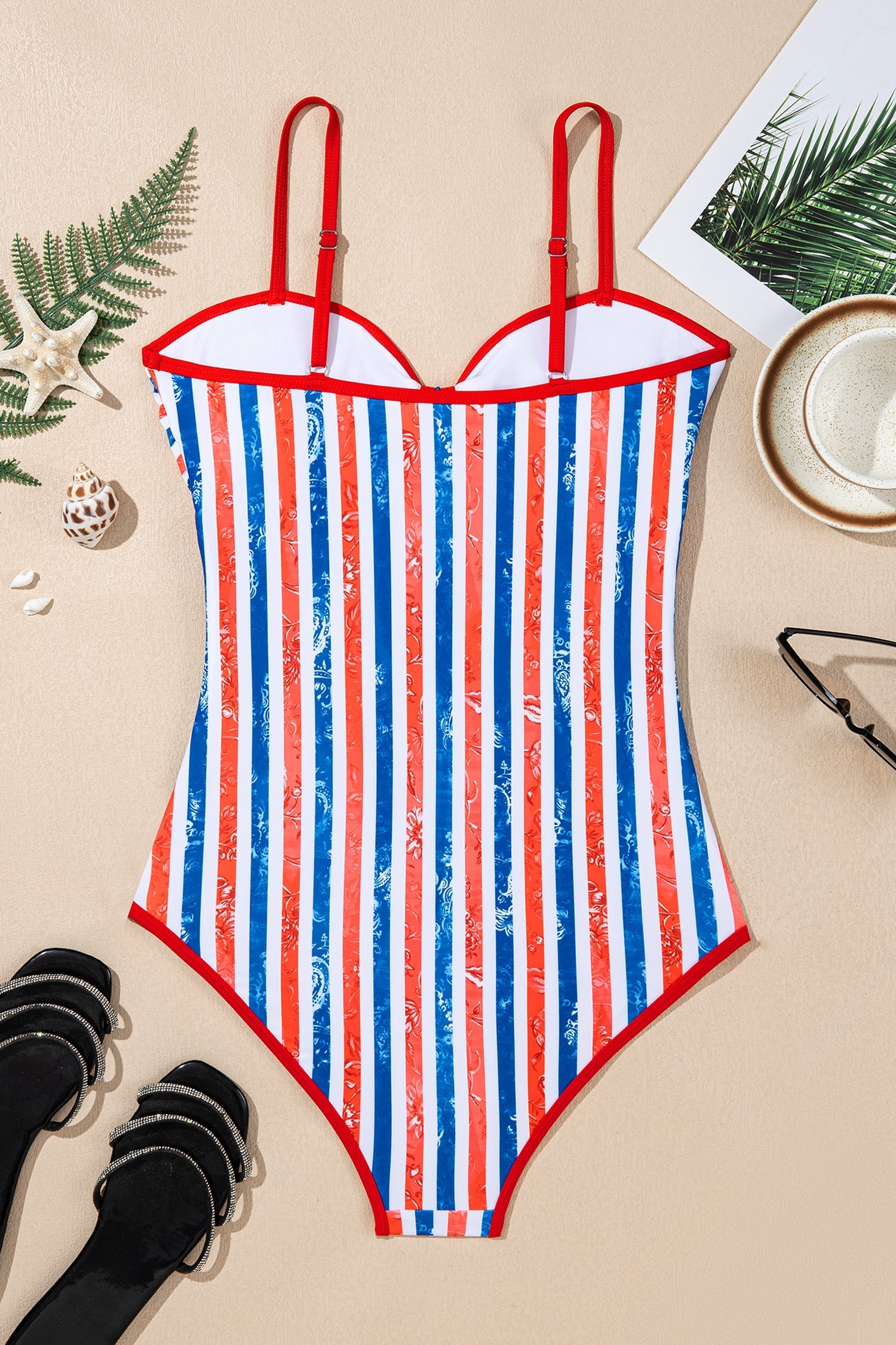 4th Stripes July Stripes Star Floral Impression Cutout Spaghetti Straps One Piece Swimsuit in Red