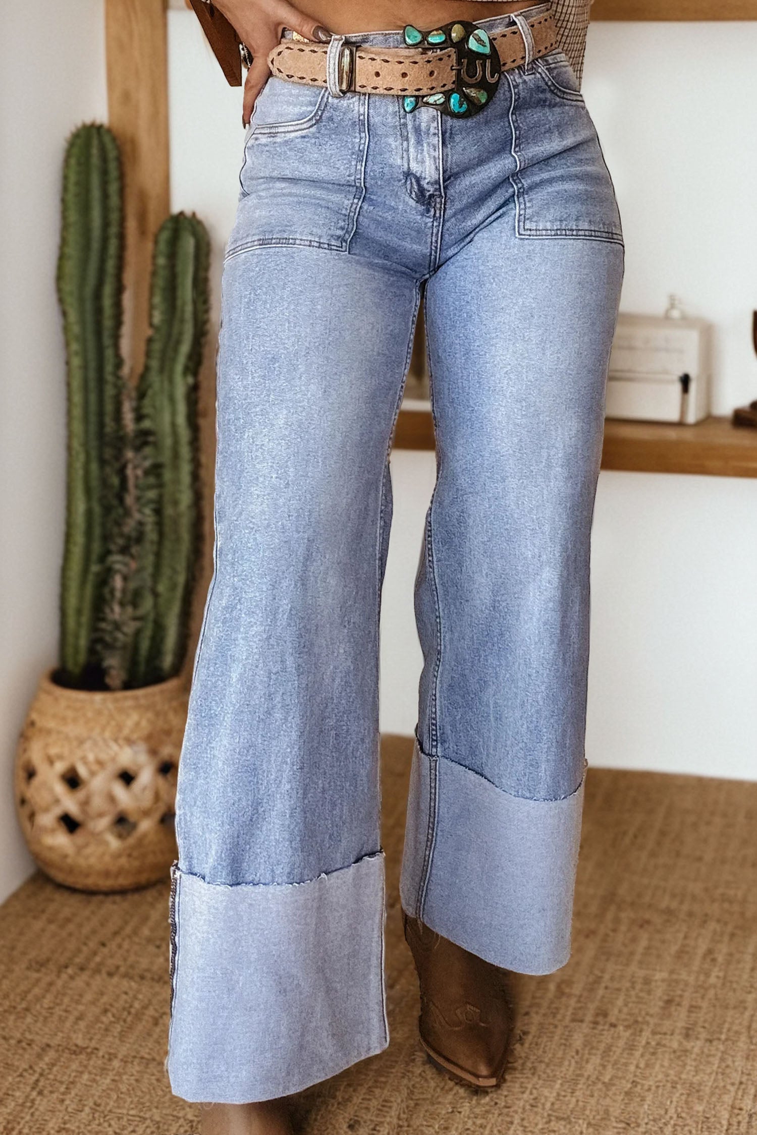 Blue Fashion Beau Turn-up Cuffs Womens Loose Jeans