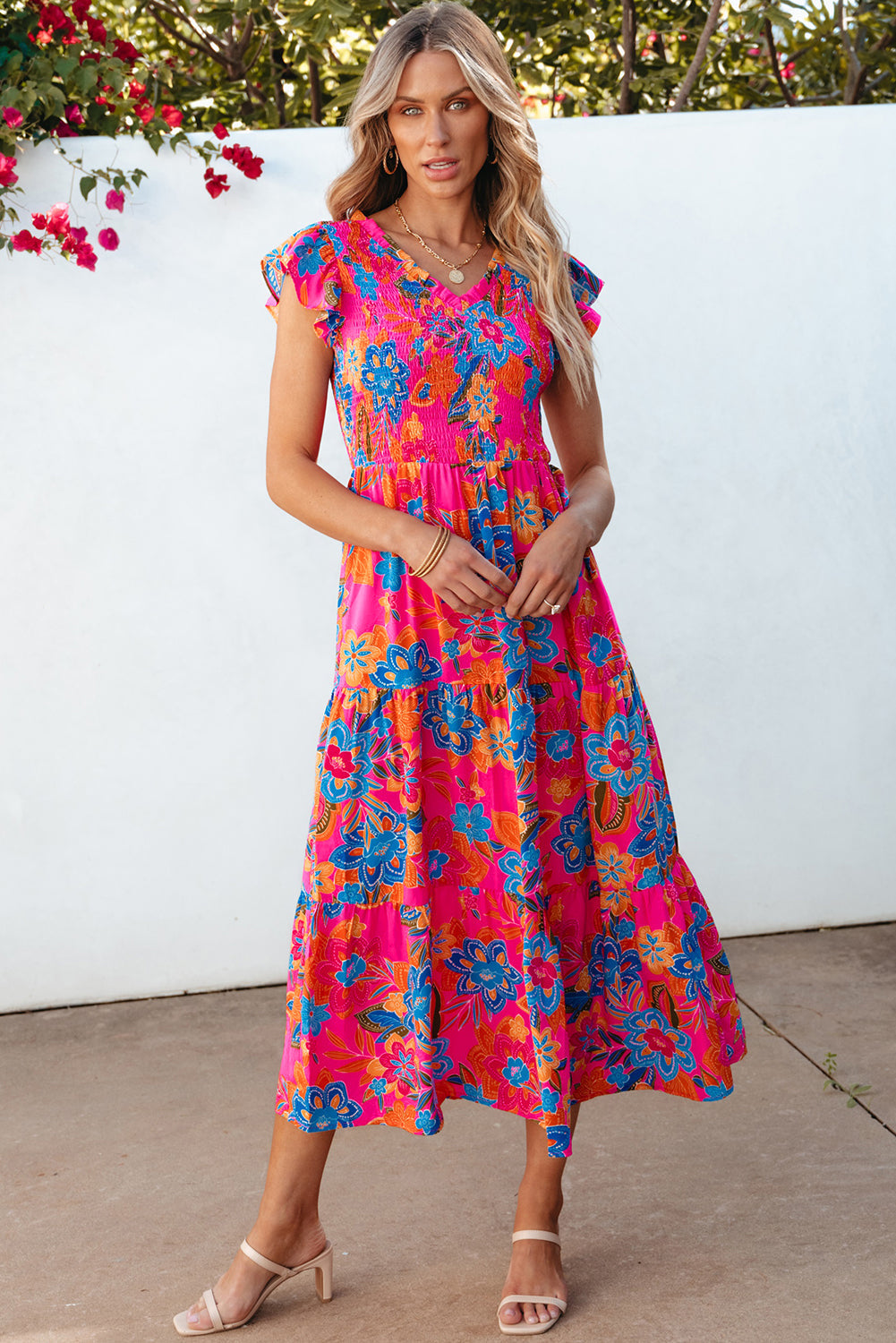 Women's Dress with Floral-Print Ruffle-Trimmed Layered Long Bohemian