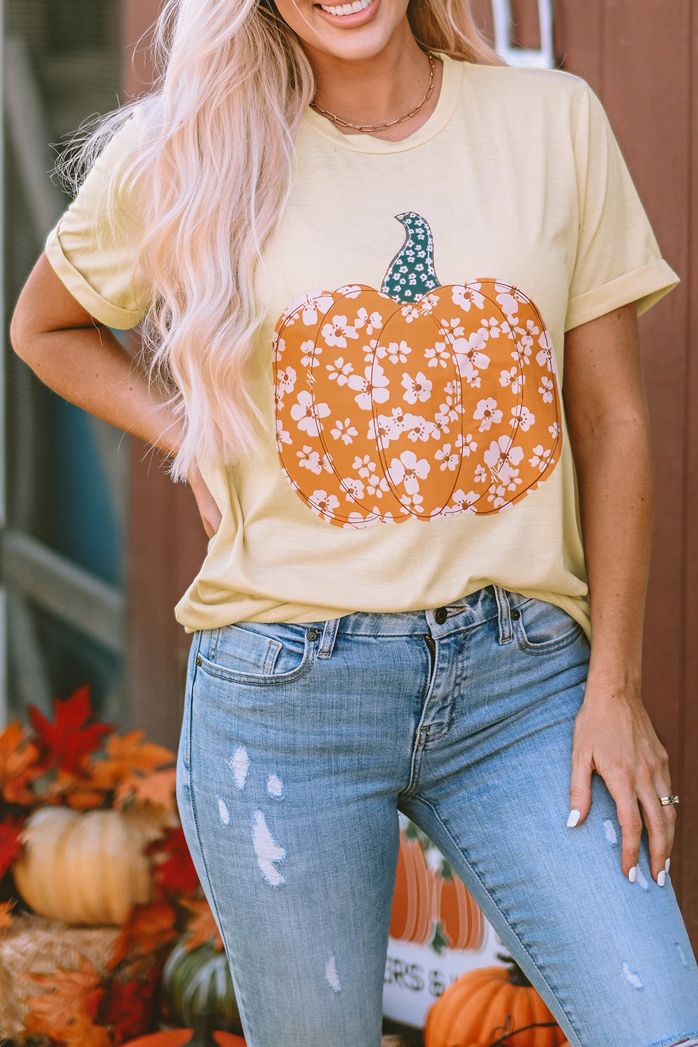 Women's Tee Featuring Sweet Floral-Print Pumpkin Graphic-Print