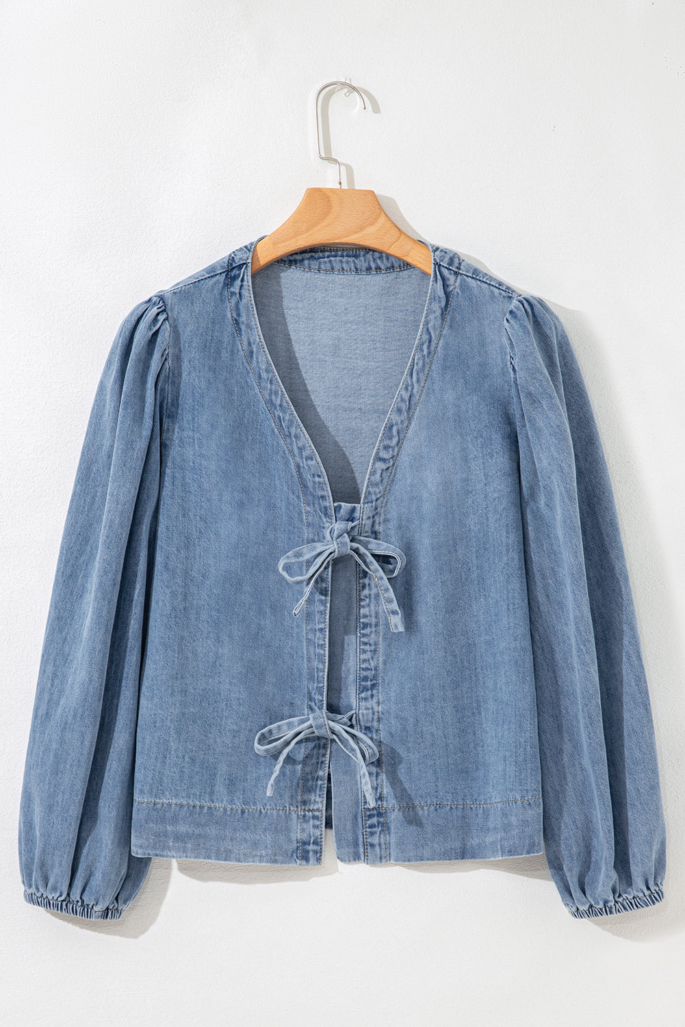 Tied Puff Front Long Sleeve Denim Top