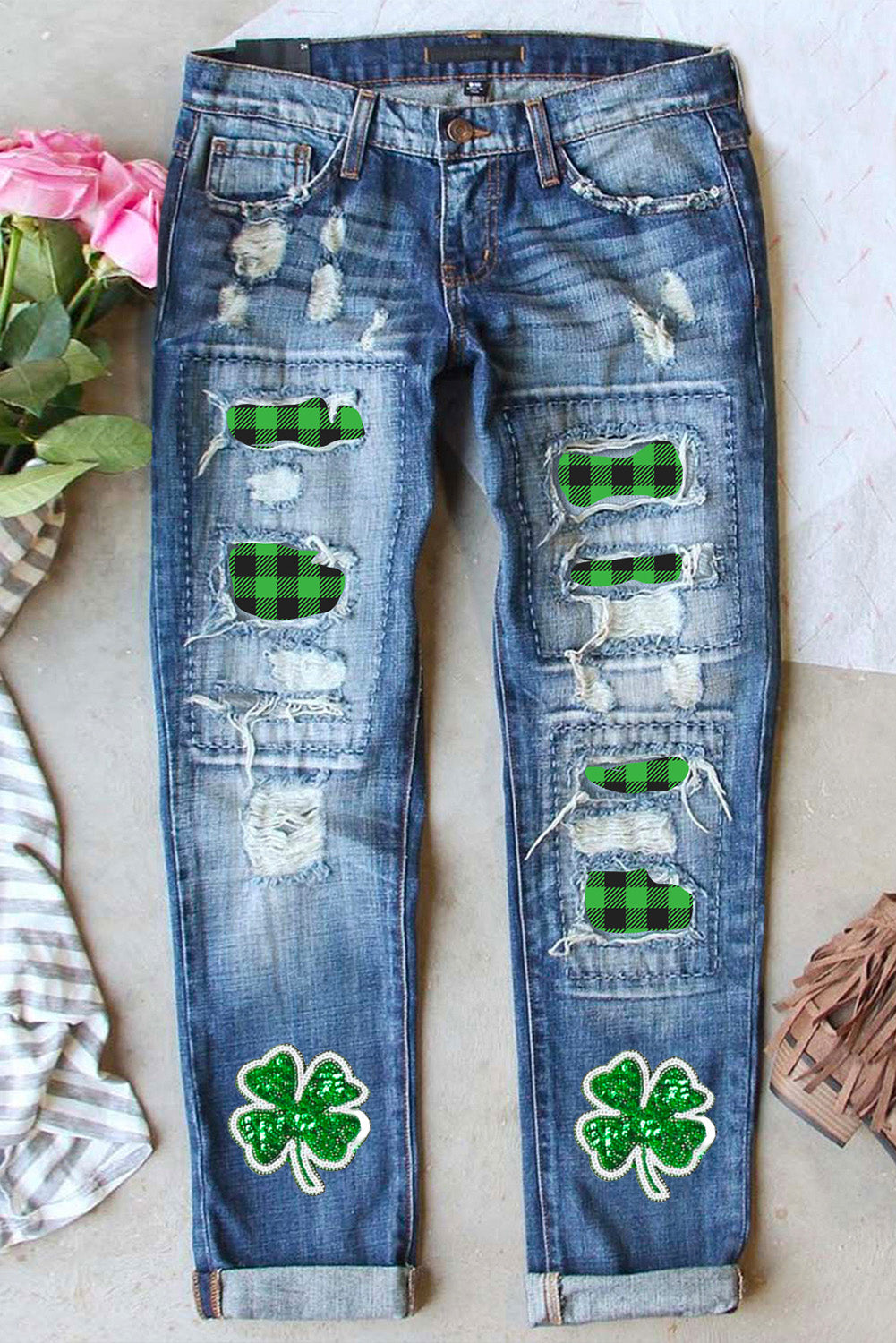 Women's Jeans Featuring Glitter Clover Insert Distressed