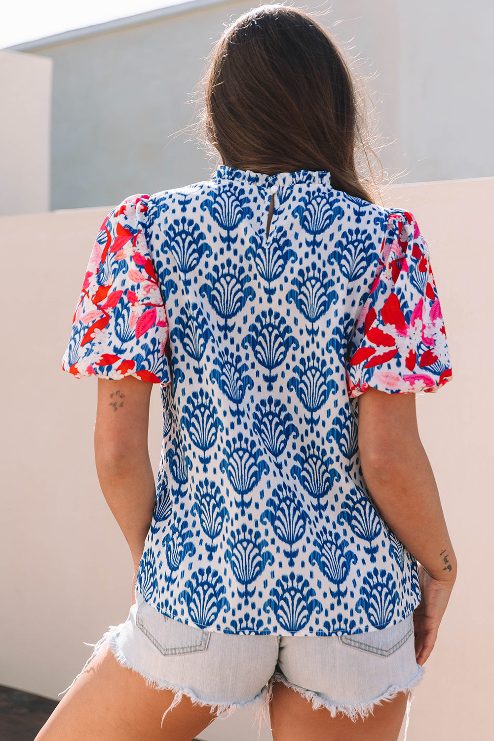 Western Floral Puff Sleeve Frilled Neck Blouse